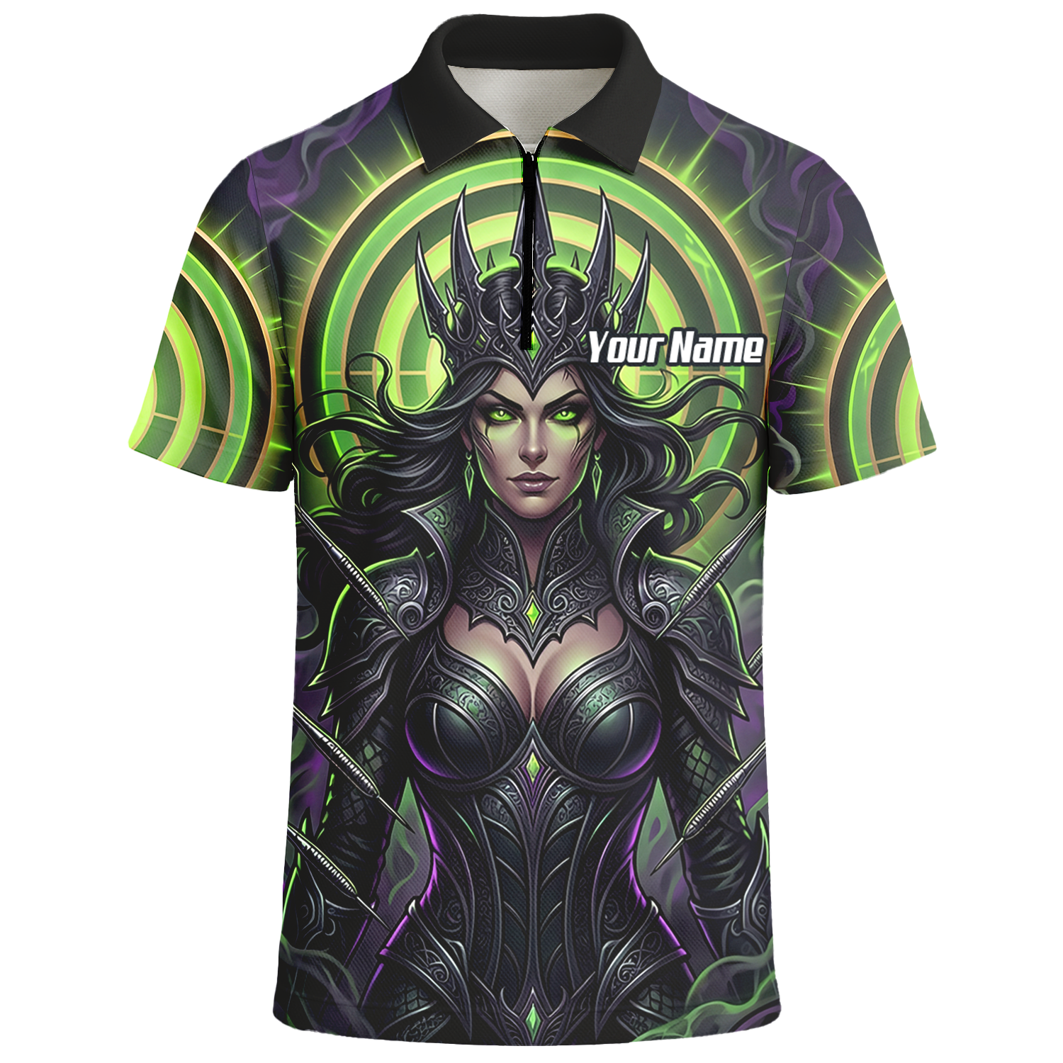 Personalised Dark Queen Fantasy Dart Jersey For Men Neon Green Purple Custom Name Polo Shirt N8351