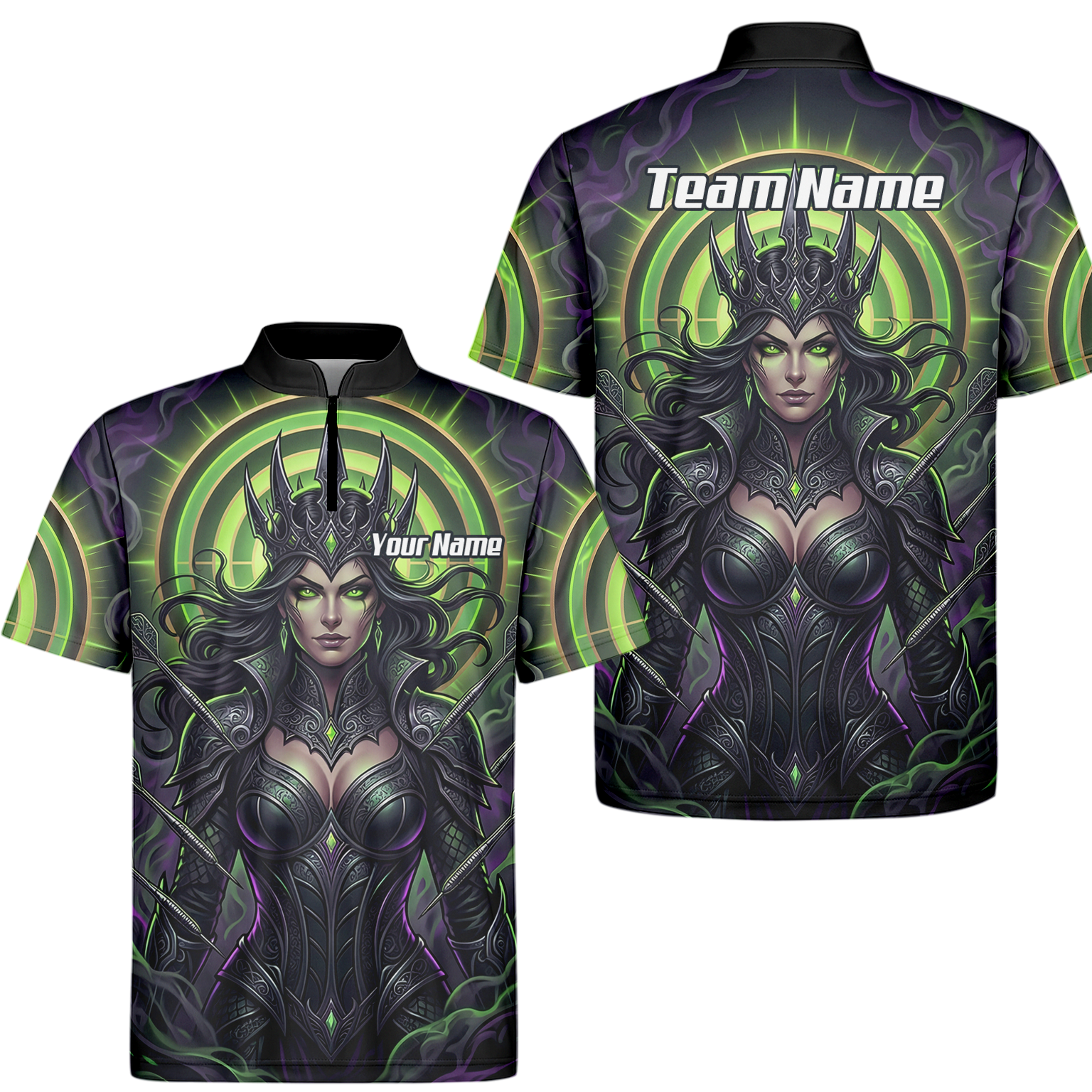 Personalised Dark Queen Fantasy Dart Jersey For Men Neon Green Purple Custom Name Polo Shirt N8351