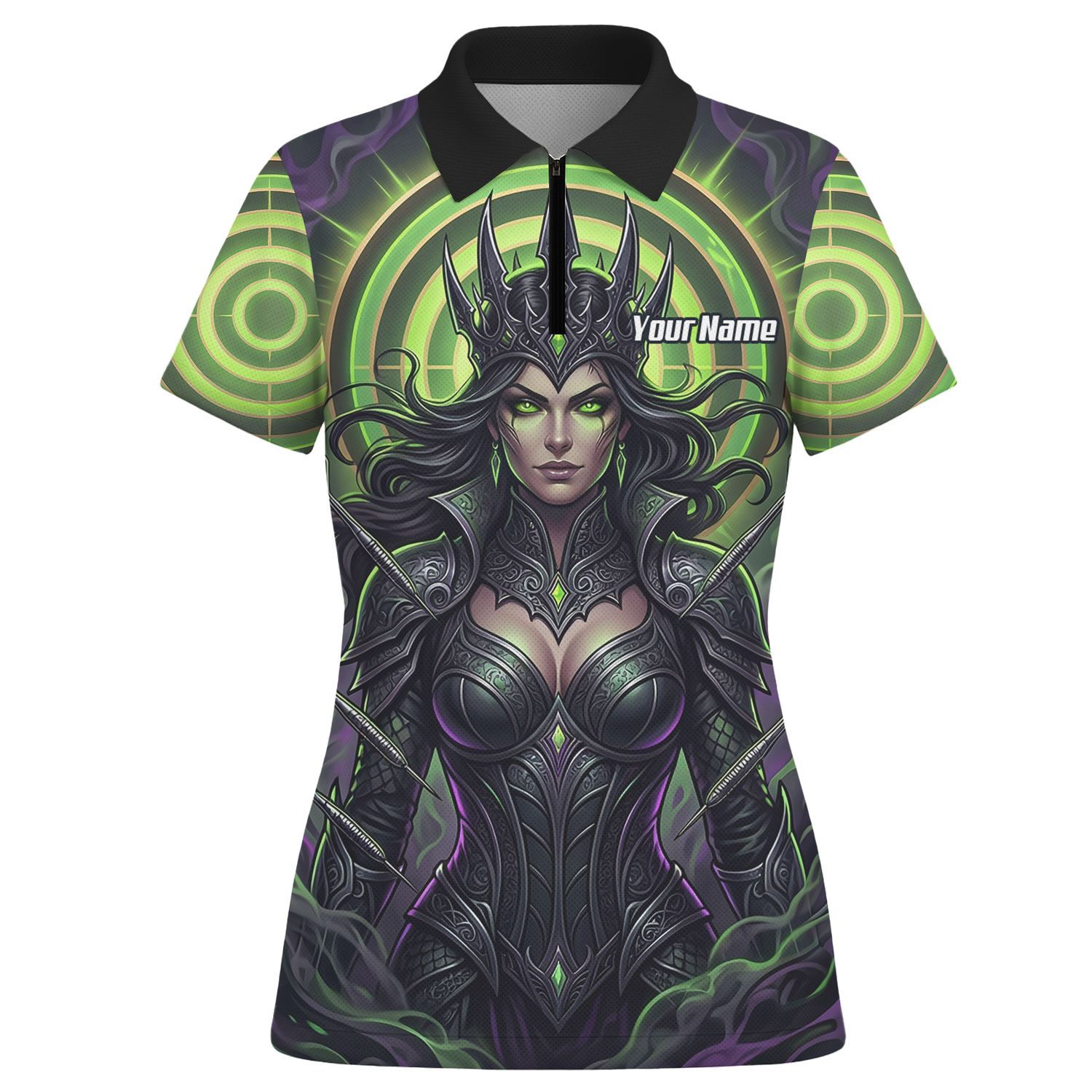 Personalised Dark Queen Fantasy Dart Jersey For Women Neon Green Purple Custom Name Polo Shirt N8351