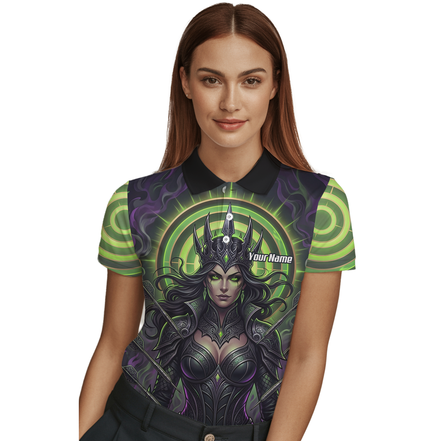 Personalised Dark Queen Fantasy Dart Jersey For Women Neon Green Purple Custom Name Polo Shirt N8351