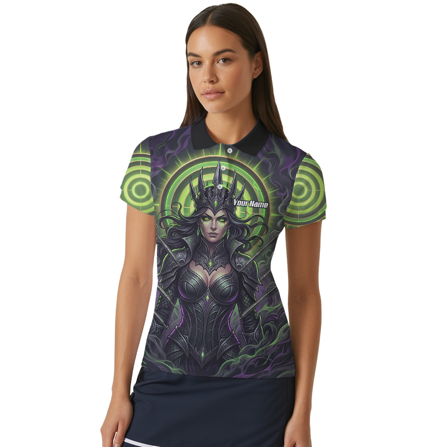 Personalised Dark Queen Fantasy Dart Jersey For Women Neon Green Purple Custom Name Polo Shirt N8351