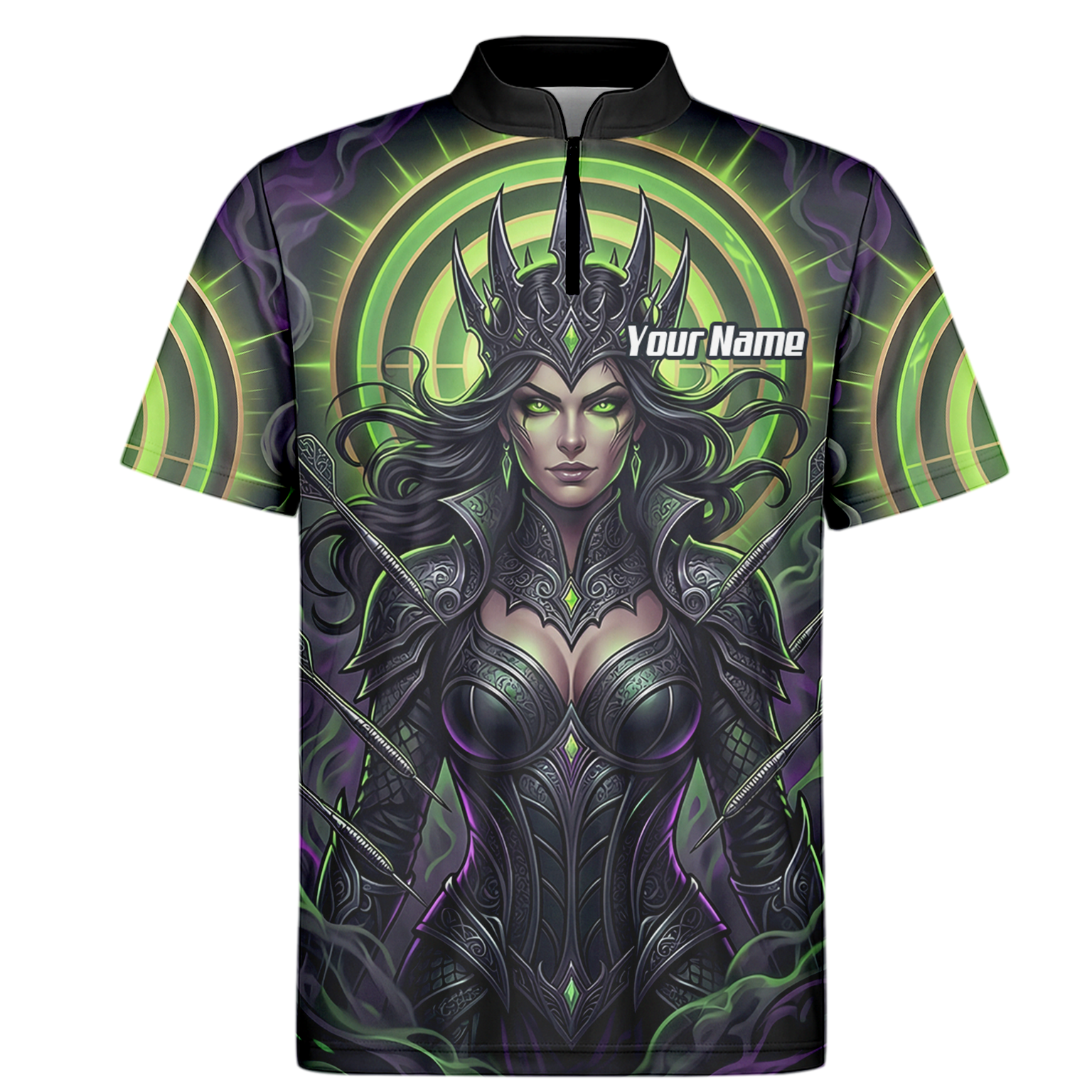 Personalised Dark Queen Fantasy Dart Jersey For Men Neon Green Purple Custom Name Polo Shirt N8351