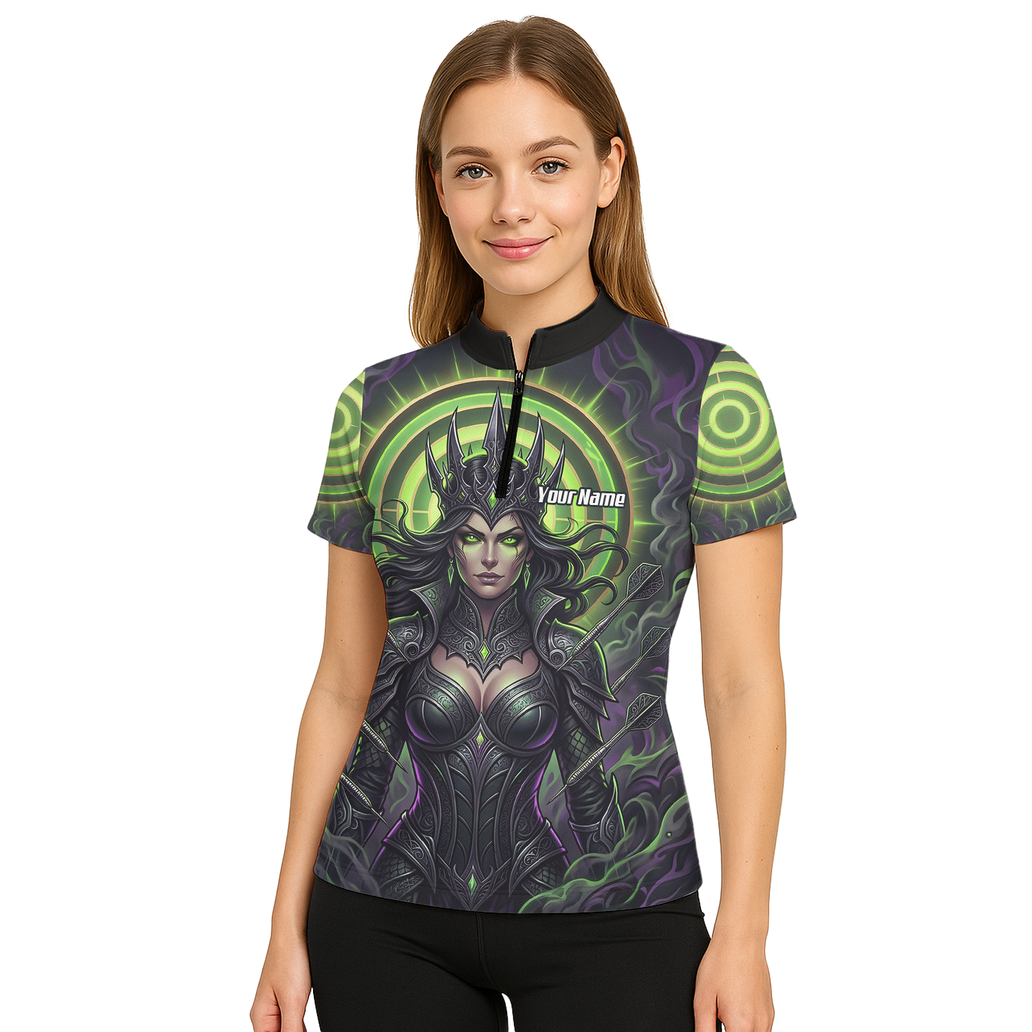 Personalised Dark Queen Fantasy Dart Jersey For Women Neon Green Purple Custom Name Polo Shirt N8351
