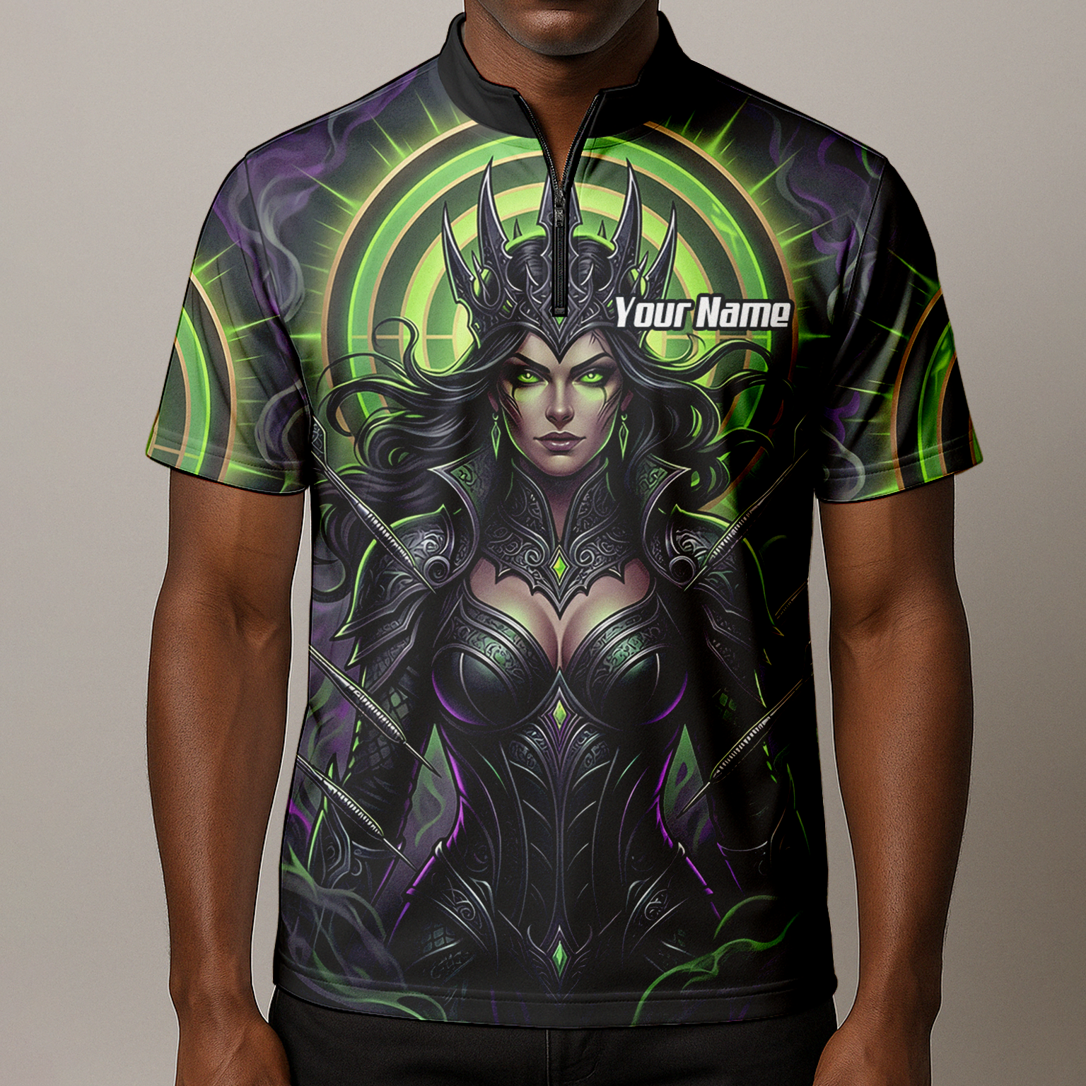 Personalised Dark Queen Fantasy Dart Jersey For Men Neon Green Purple Custom Name Polo Shirt N8351