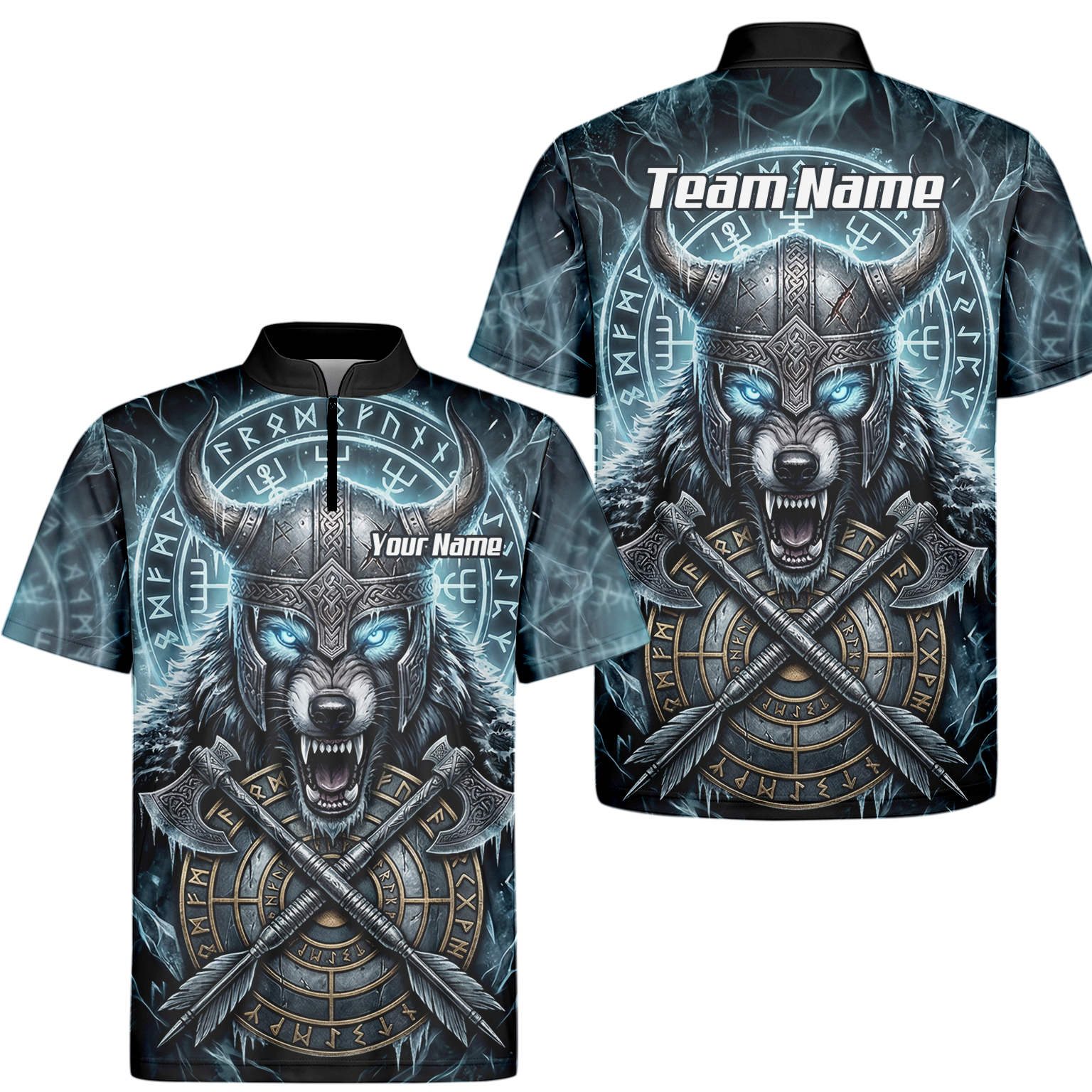 Personalised Viking Wolf Dart Jersey for Men Custom Norse Mythology Darts Polo Shirt Blue Black N8517