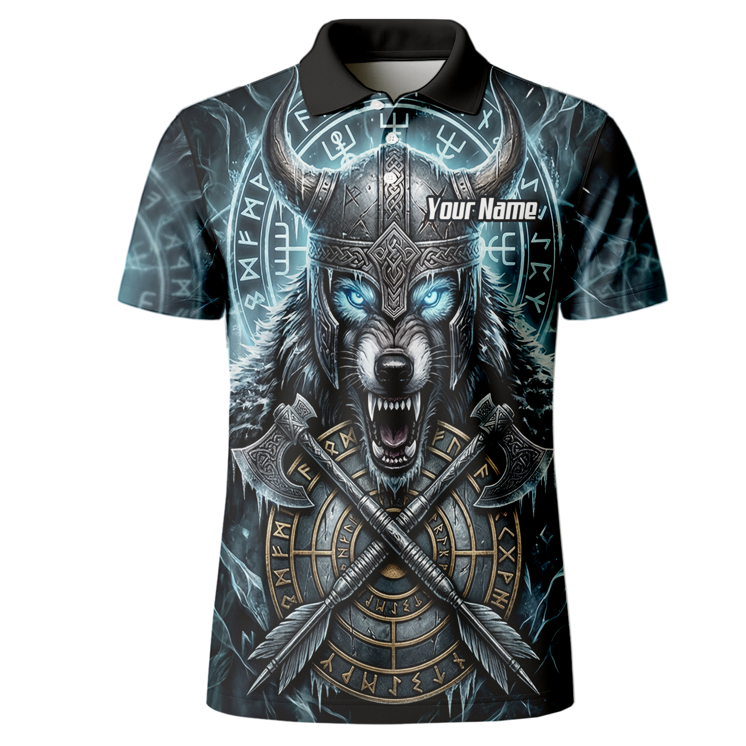 Personalised Viking Wolf Dart Jersey for Men Custom Norse Mythology Darts Polo Shirt Blue Black N8517