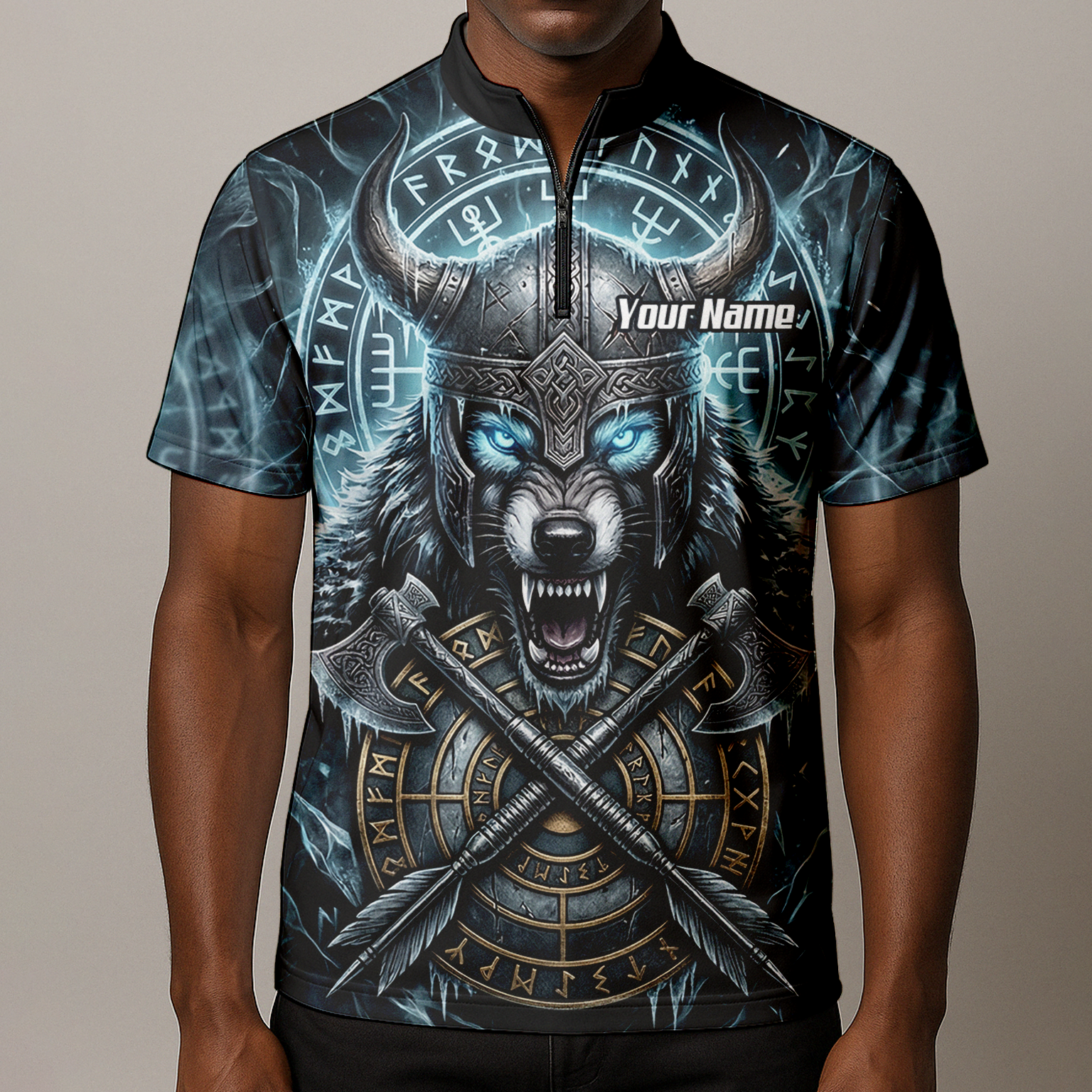 Personalised Viking Wolf Dart Jersey for Men Custom Norse Mythology Darts Polo Shirt Blue Black N8517