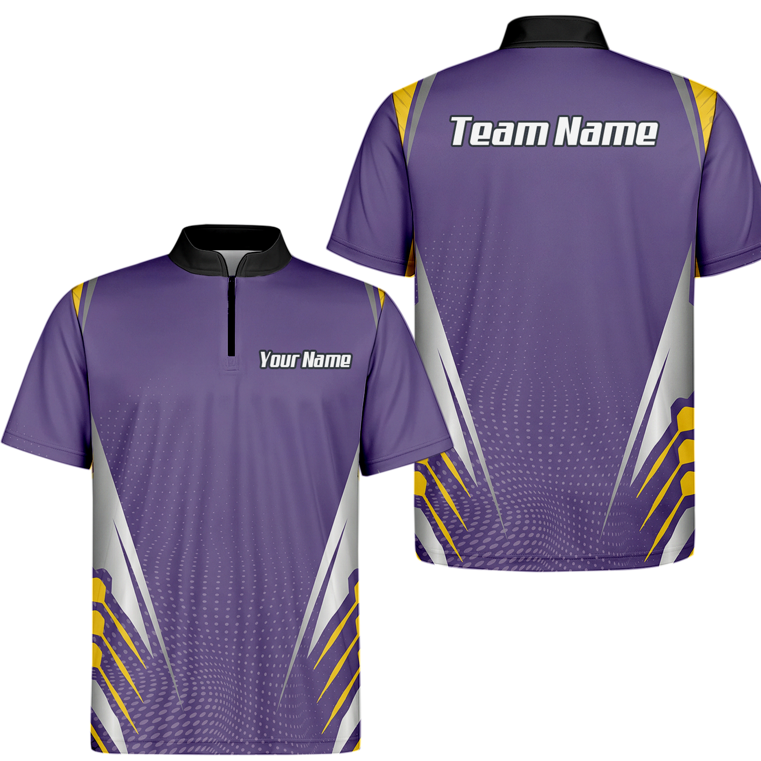 Personalised Abstract Halftone Dart Jersey Polo and Zipper Purple Yellow For Men O8070 - Zipper Yes