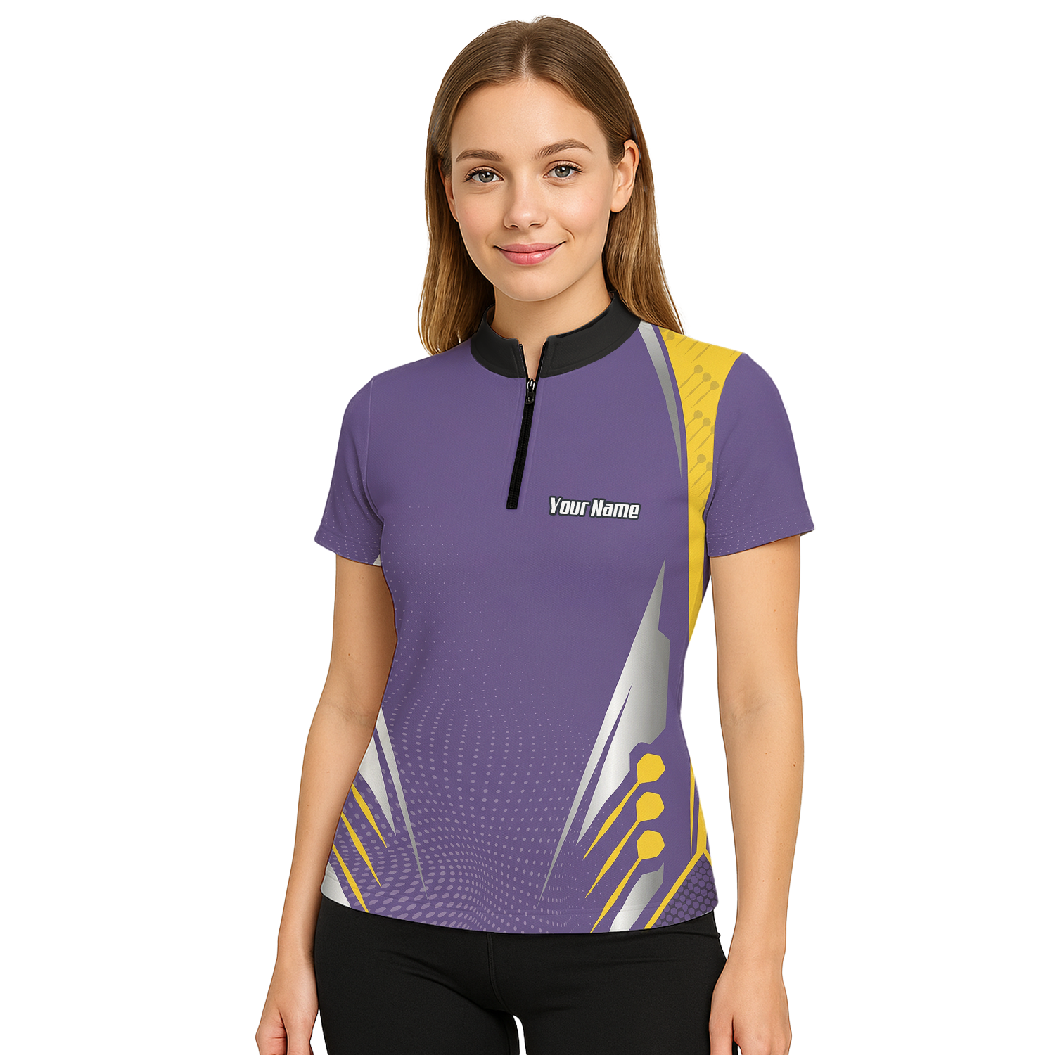 Personalised Abstract Halftone Dart Jersey Polo and Zipper Purple Yellow For Women O8070