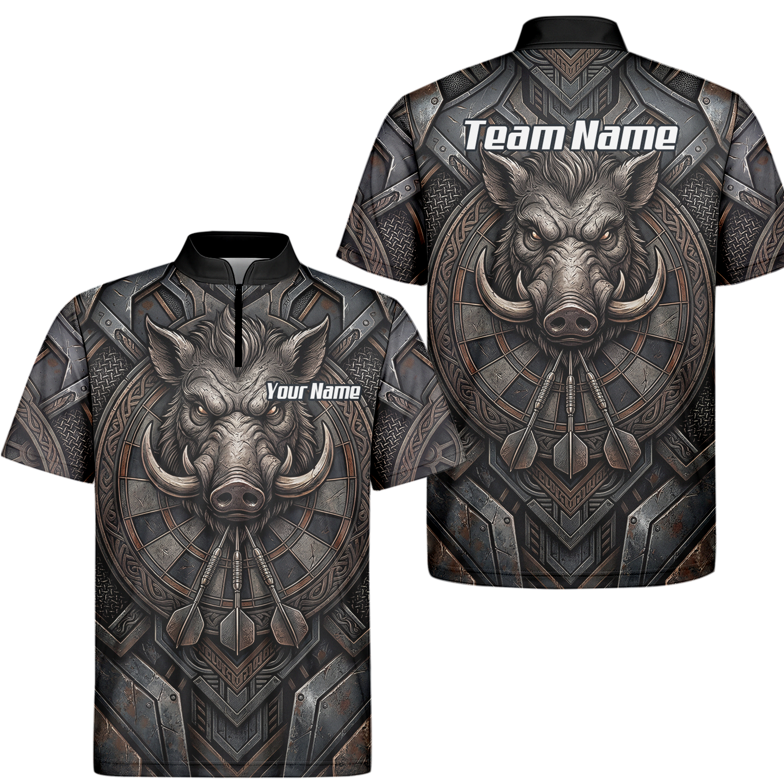 Personalised Men's Wild Boar Dart Jersey Custom Metallic Hog Design Bronze Grey Polo Dart Shirt P3000