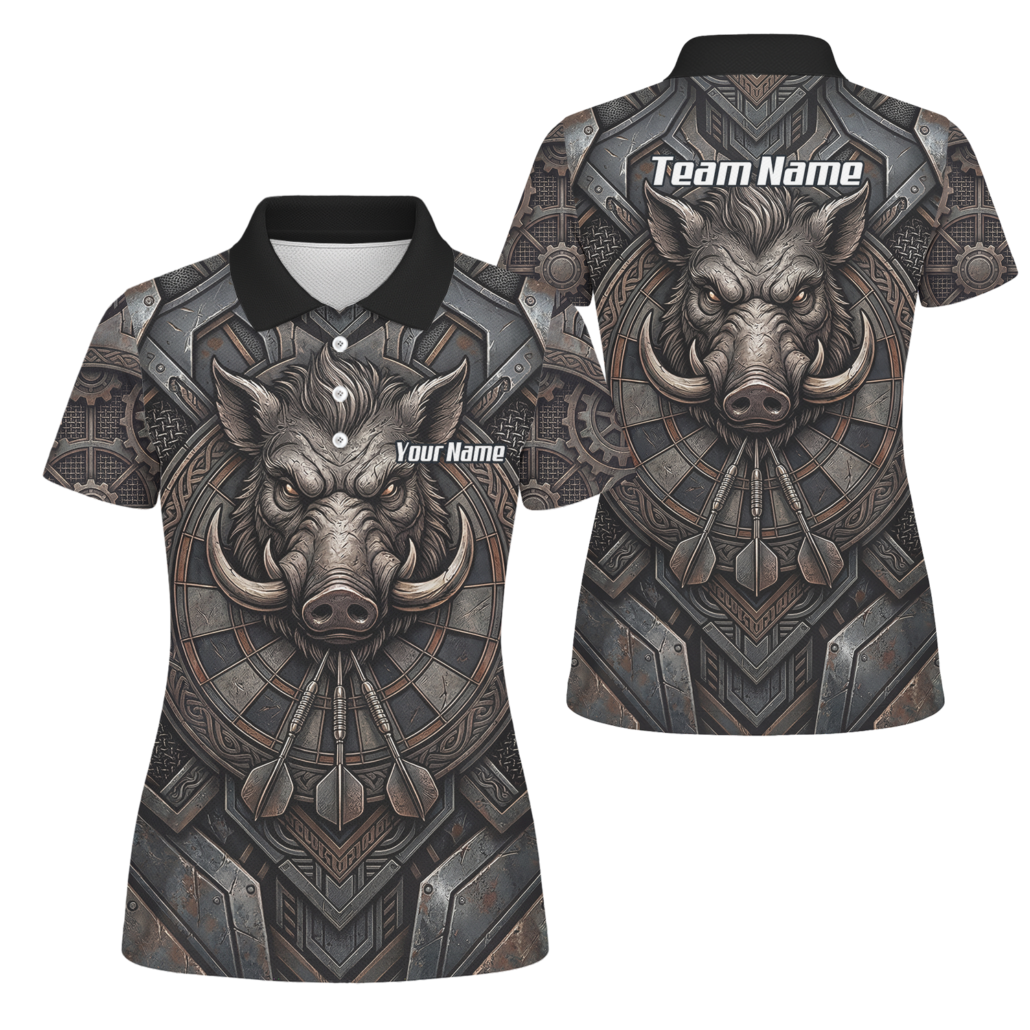 Personalised Women's Wild Boar Dart Jersey Custom Metallic Hog Design Bronze Grey Polo Dart Shirt P3000