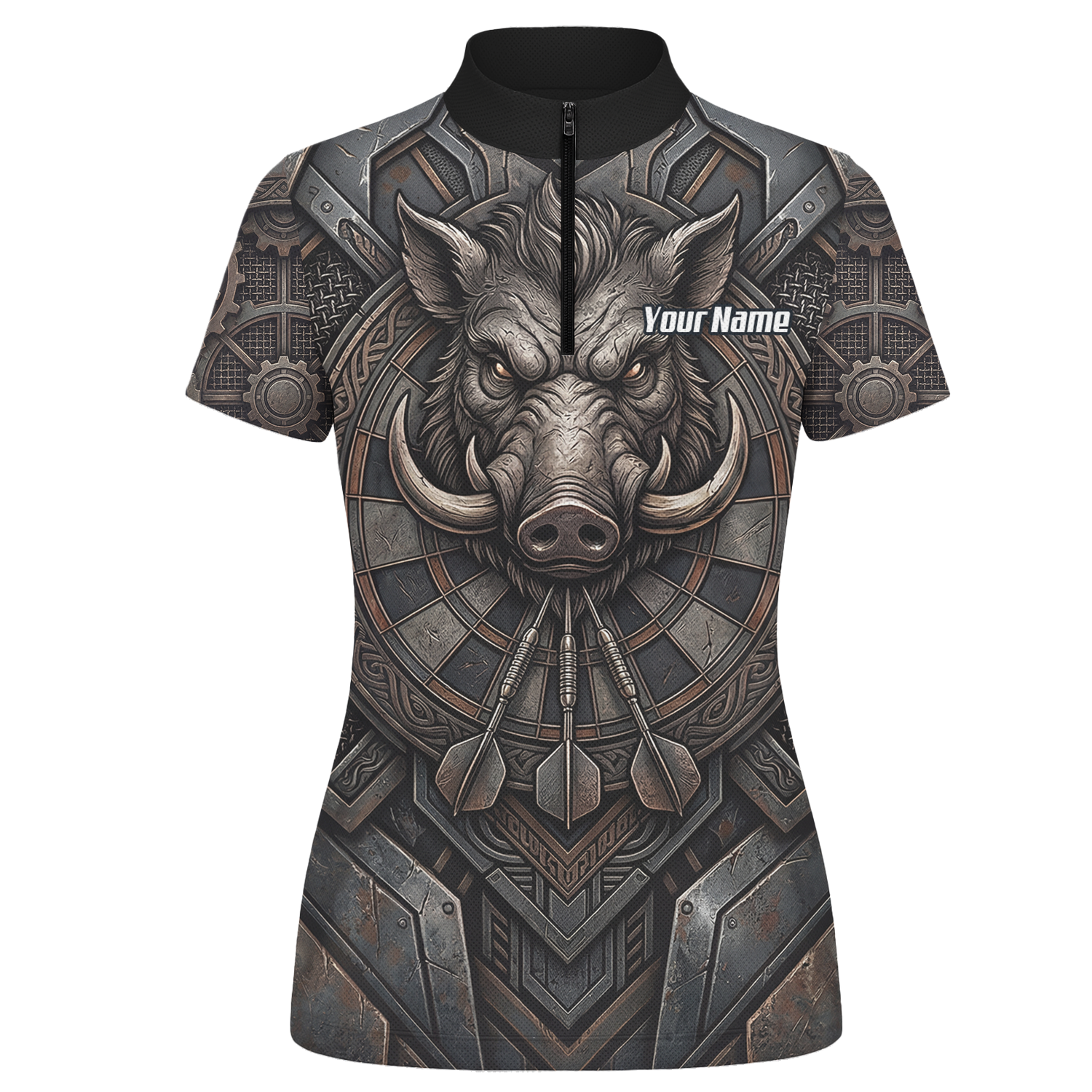 Personalised Women's Wild Boar Dart Jersey Custom Metallic Hog Design Bronze Grey Polo Dart Shirt P3000