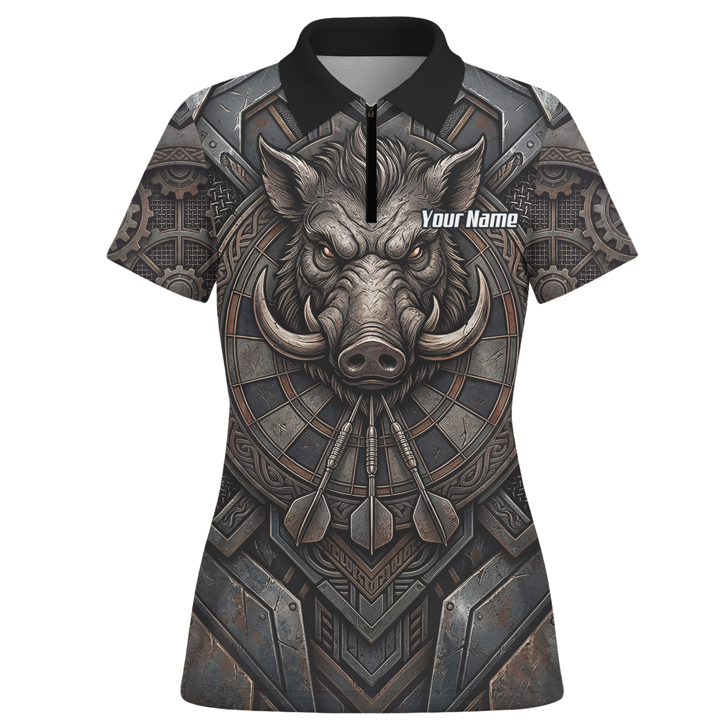 Personalised Women's Wild Boar Dart Jersey Custom Metallic Hog Design Bronze Grey Polo Dart Shirt P3000