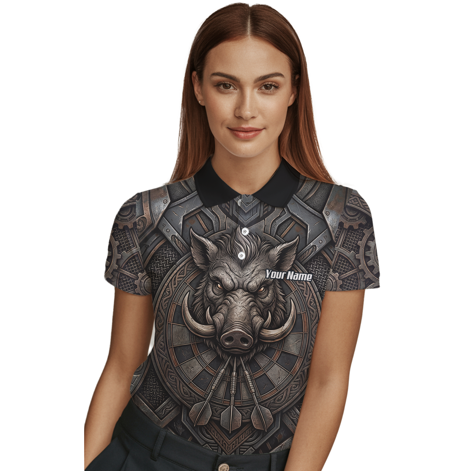 Personalised Women's Wild Boar Dart Jersey Custom Metallic Hog Design Bronze Grey Polo Dart Shirt P3000
