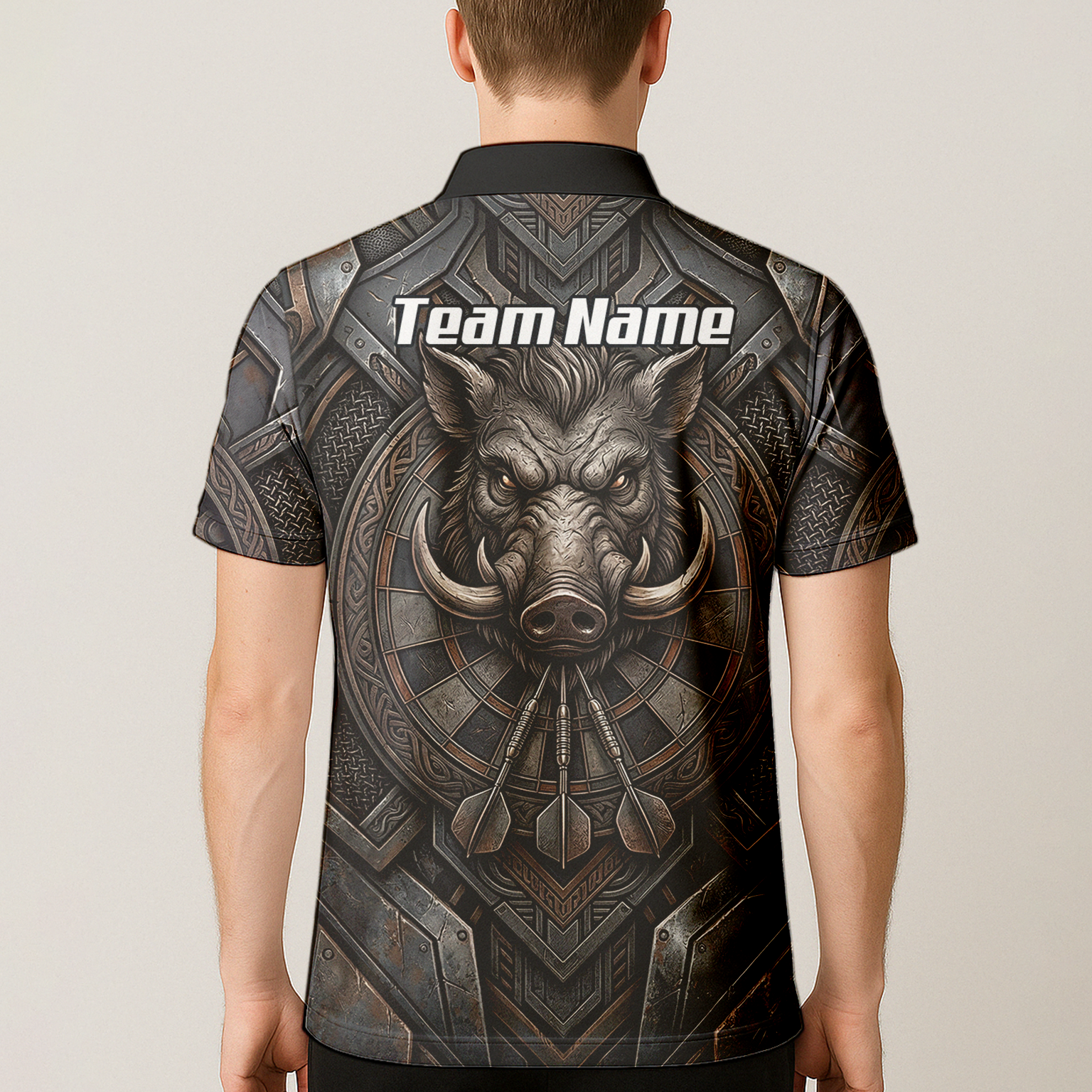 Personalised Men's Wild Boar Dart Jersey Custom Metallic Hog Design Bronze Grey Polo Dart Shirt P3000