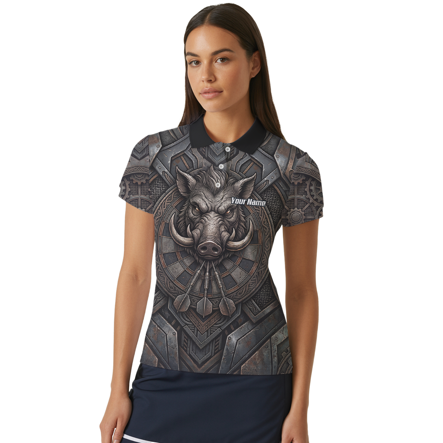 Personalised Women's Wild Boar Dart Jersey Custom Metallic Hog Design Bronze Grey Polo Dart Shirt P3000