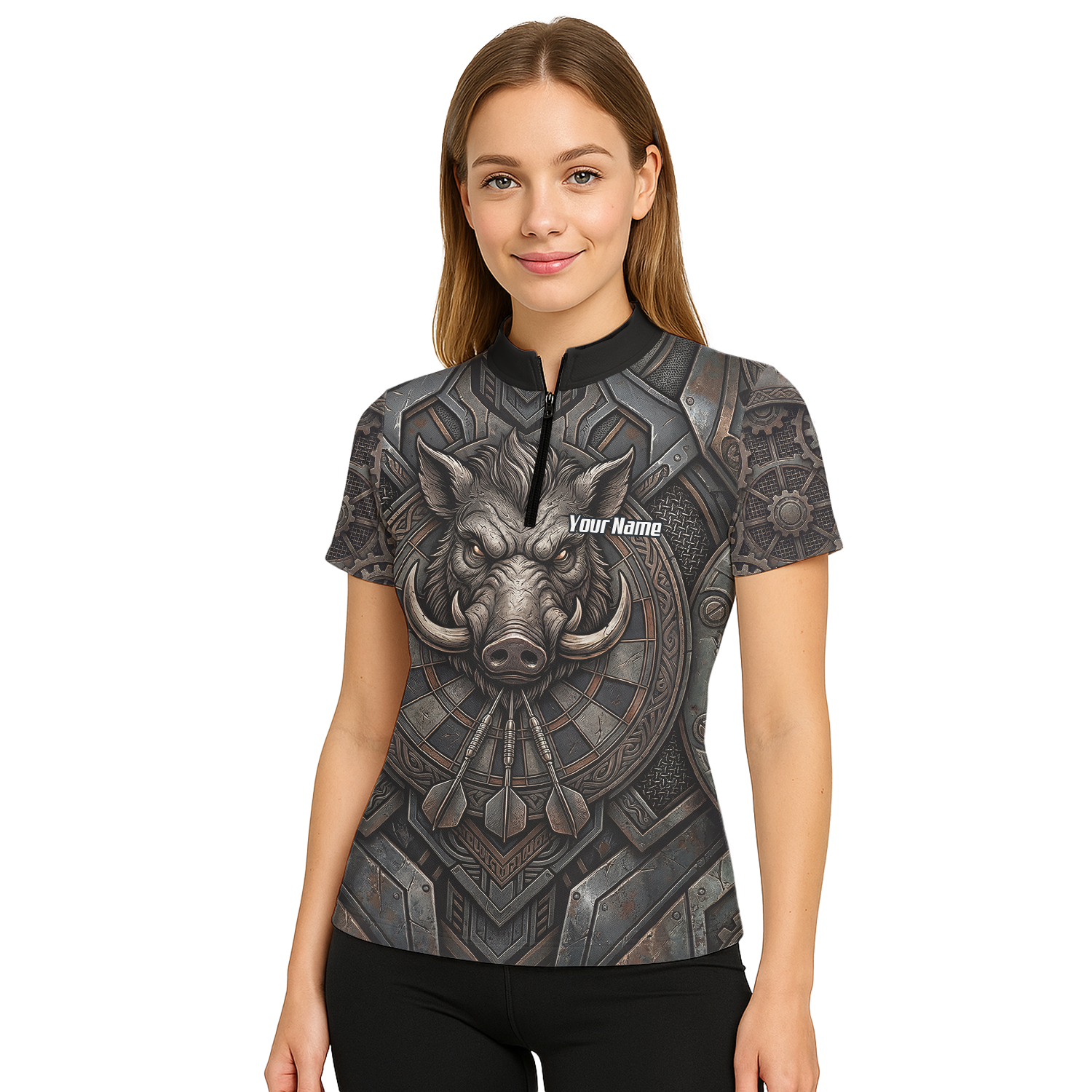 Personalised Women's Wild Boar Dart Jersey Custom Metallic Hog Design Bronze Grey Polo Dart Shirt P3000