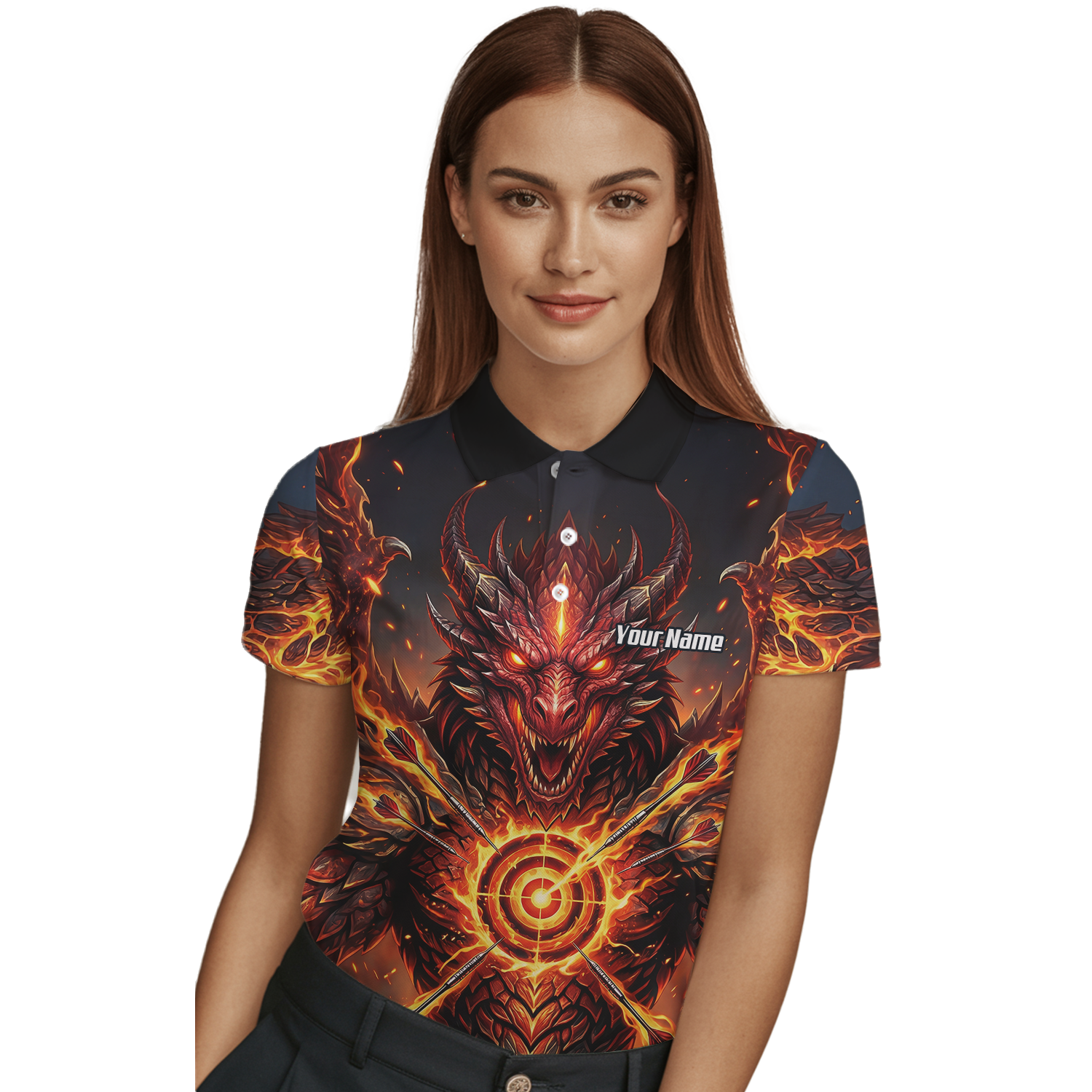 Personalised Fire Dragon Dart Jersey for Women Custom Red Flame Polo Shirt P4508