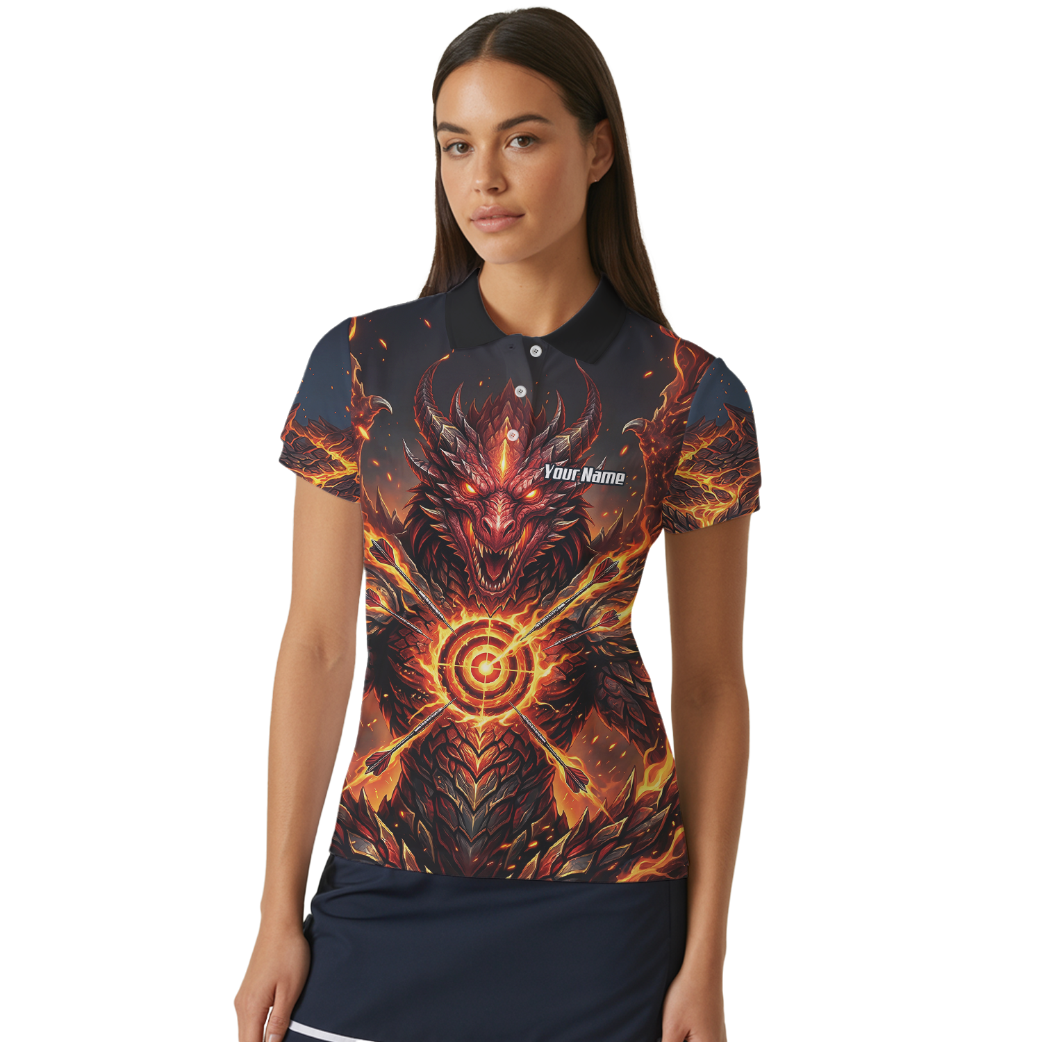 Personalised Fire Dragon Dart Jersey for Women Custom Red Flame Polo Shirt P4508