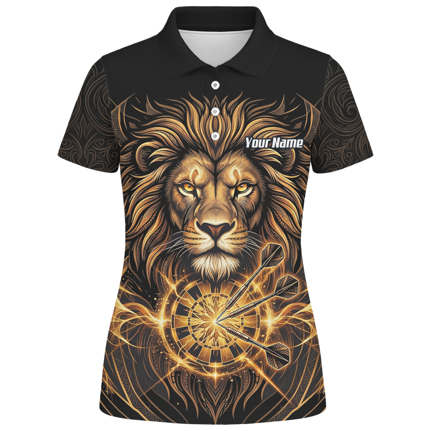 Personalised Golden Lion Dart Jersey For Women Black Gold Custom Polo Dart Shirt P5667