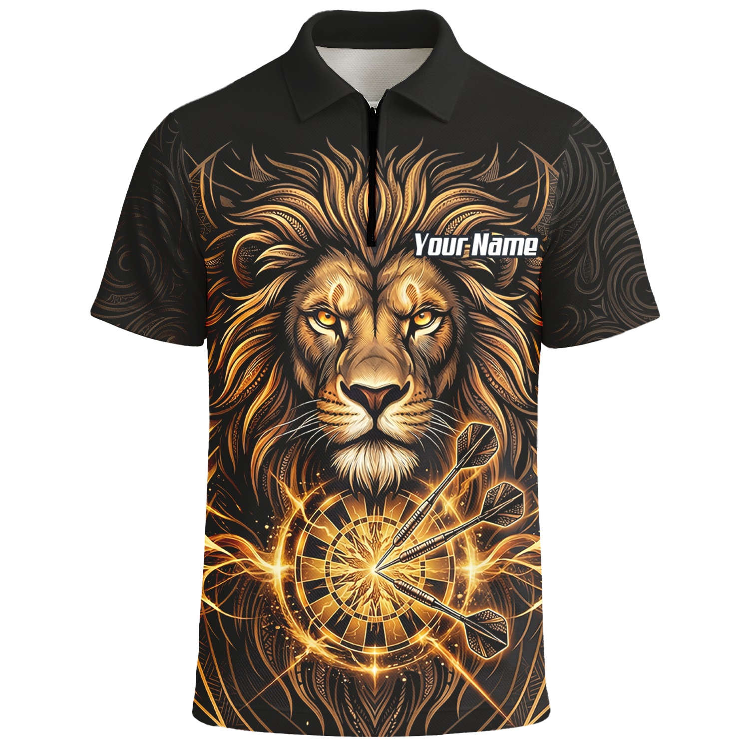 Personalised Golden Lion Dart Jersey For Men Black Gold Custom Polo Dart Shirt P5667