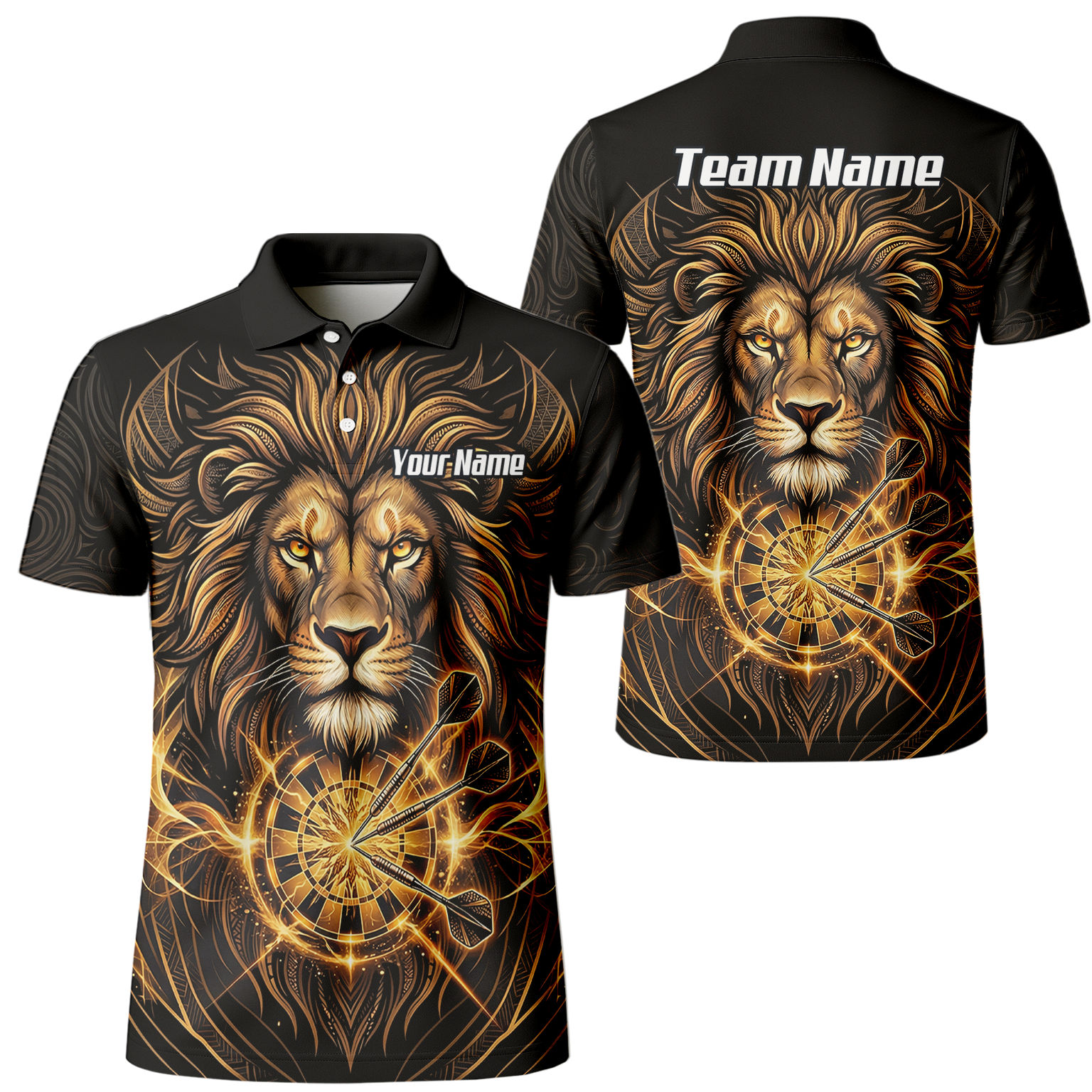 Personalised Golden Lion Dart Jersey For Men Black Gold Custom Polo Dart Shirt P5667