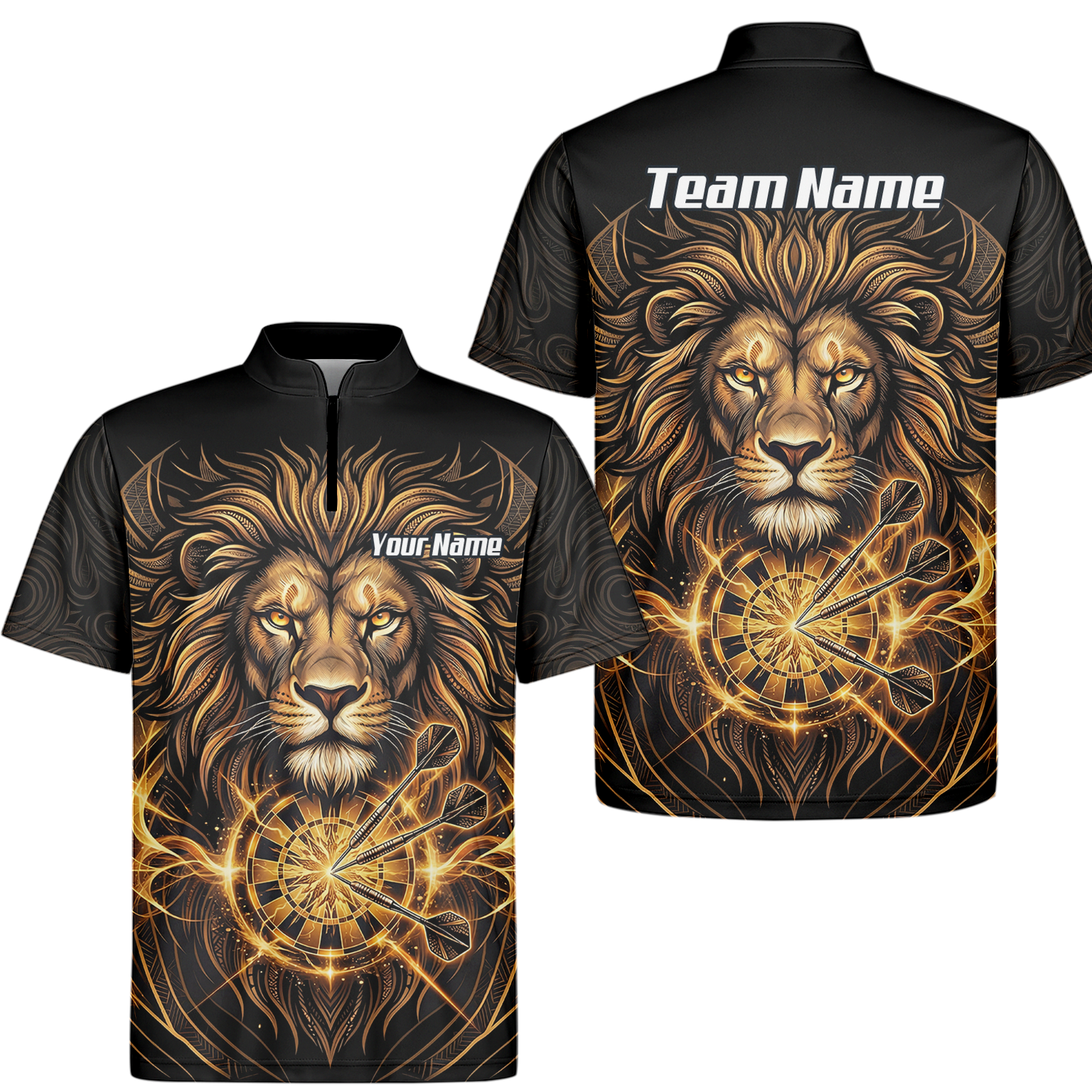 Personalised Golden Lion Dart Jersey For Men Black Gold Custom Polo Dart Shirt P5667