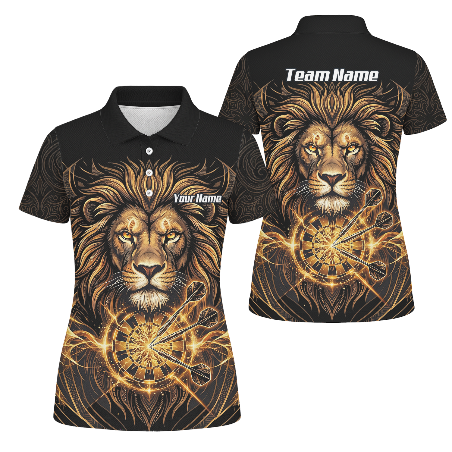 Personalised Golden Lion Dart Jersey For Women Black Gold Custom Polo Dart Shirt P5667