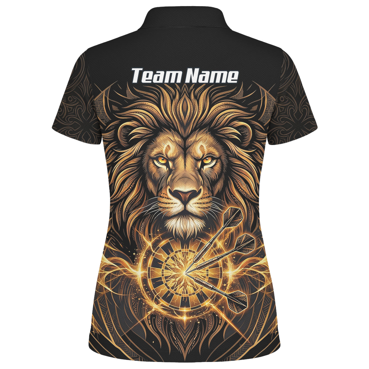 Personalised Golden Lion Dart Jersey For Women Black Gold Custom Polo Dart Shirt P5667