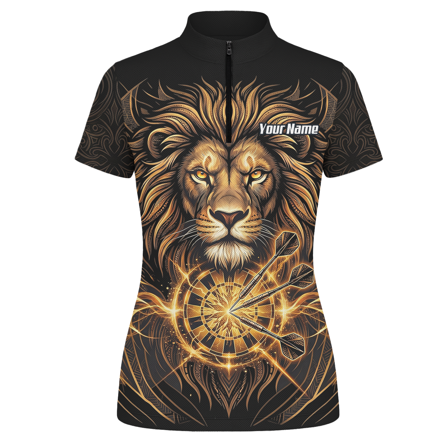 Personalised Golden Lion Dart Jersey For Women Black Gold Custom Polo Dart Shirt P5667