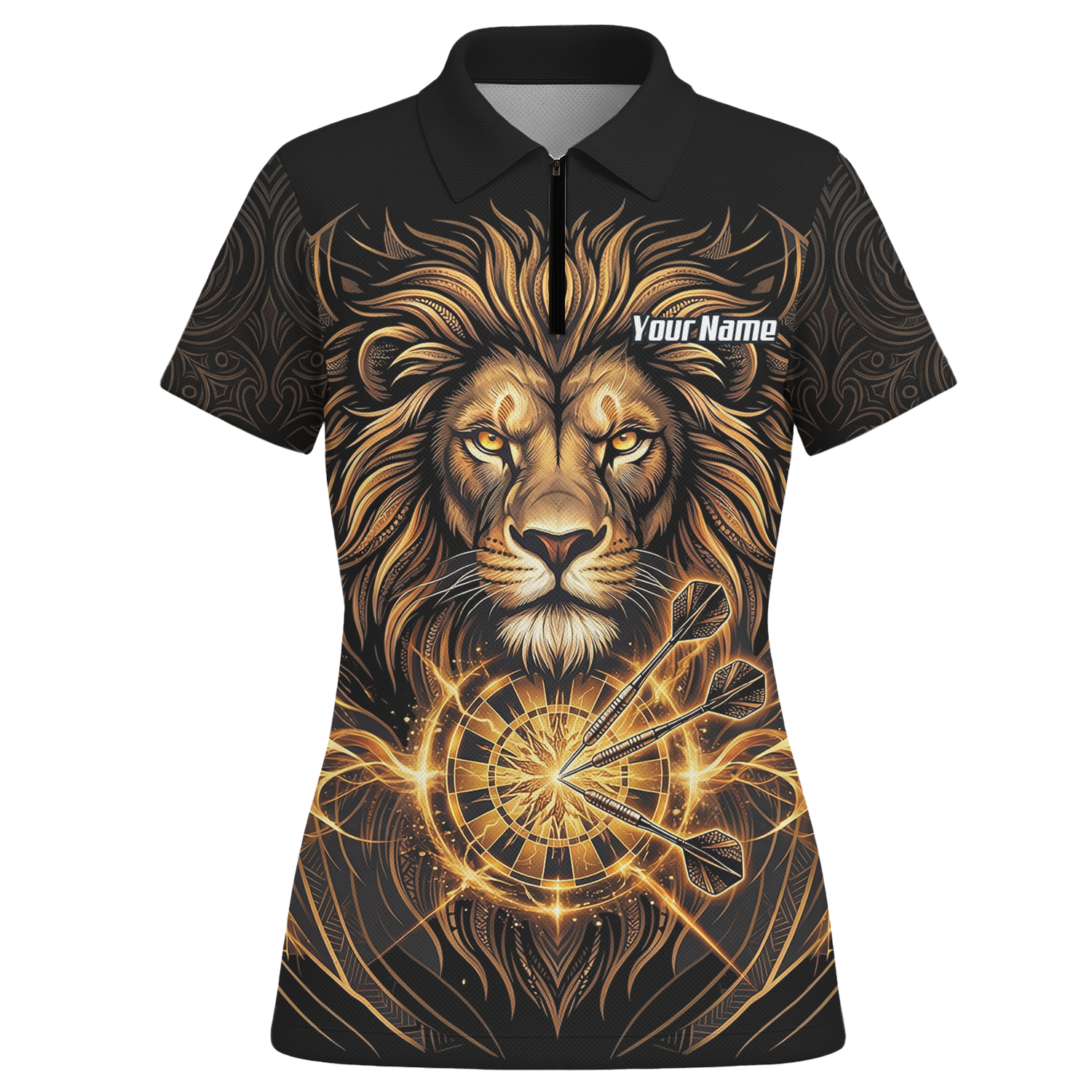 Personalised Golden Lion Dart Jersey For Women Black Gold Custom Polo Dart Shirt P5667
