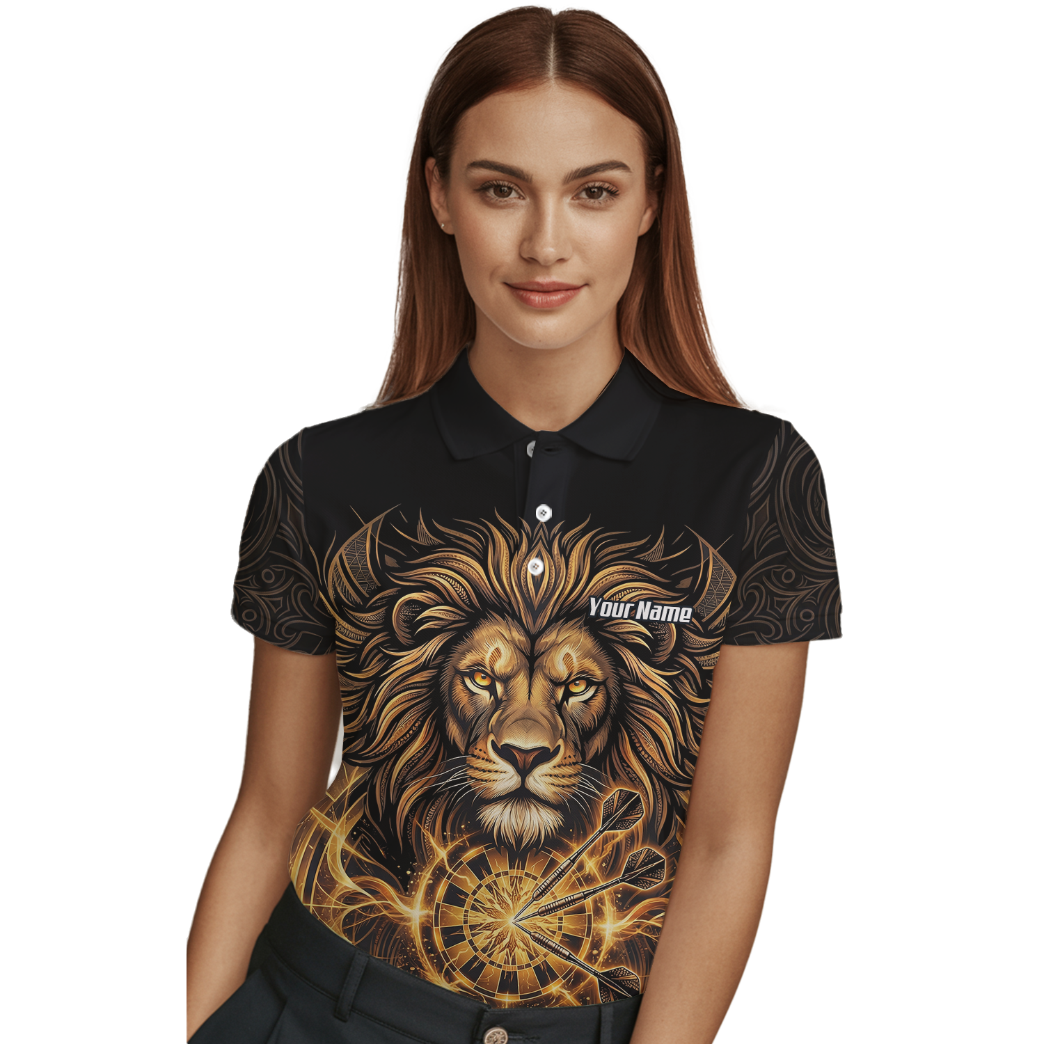 Personalised Golden Lion Dart Jersey For Women Black Gold Custom Polo Dart Shirt P5667