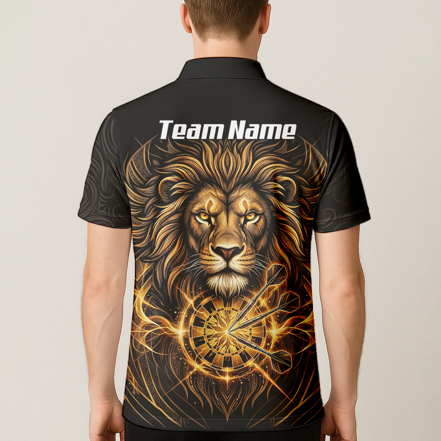 Personalised Golden Lion Dart Jersey For Men Black Gold Custom Polo Dart Shirt P5667