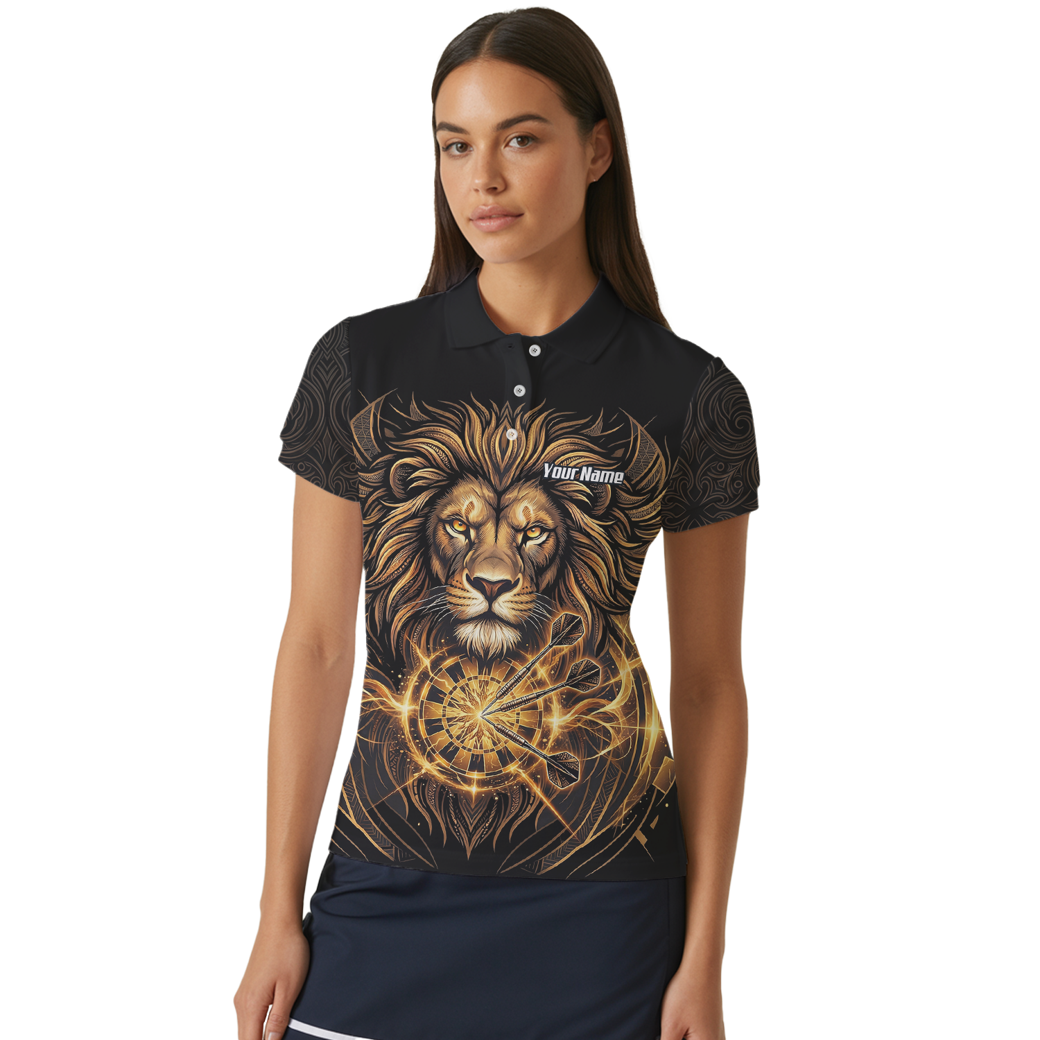 Personalised Golden Lion Dart Jersey For Women Black Gold Custom Polo Dart Shirt P5667