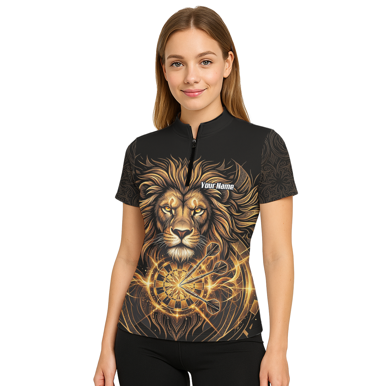 Personalised Golden Lion Dart Jersey For Women Black Gold Custom Polo Dart Shirt P5667