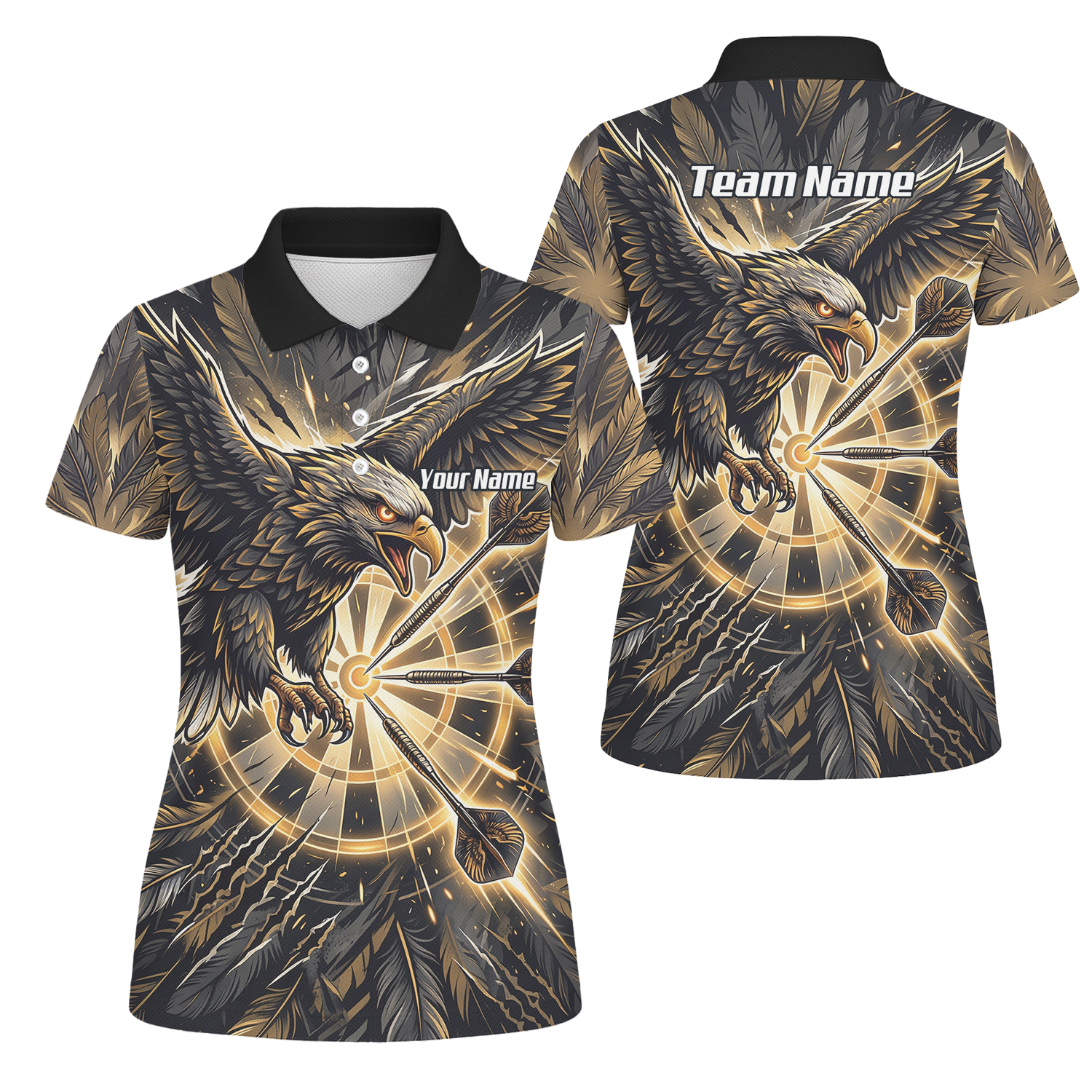Personalised Women's Eagle Dart Jersey Custom Name & Team Darts Polo Shirt Black Gold P9080