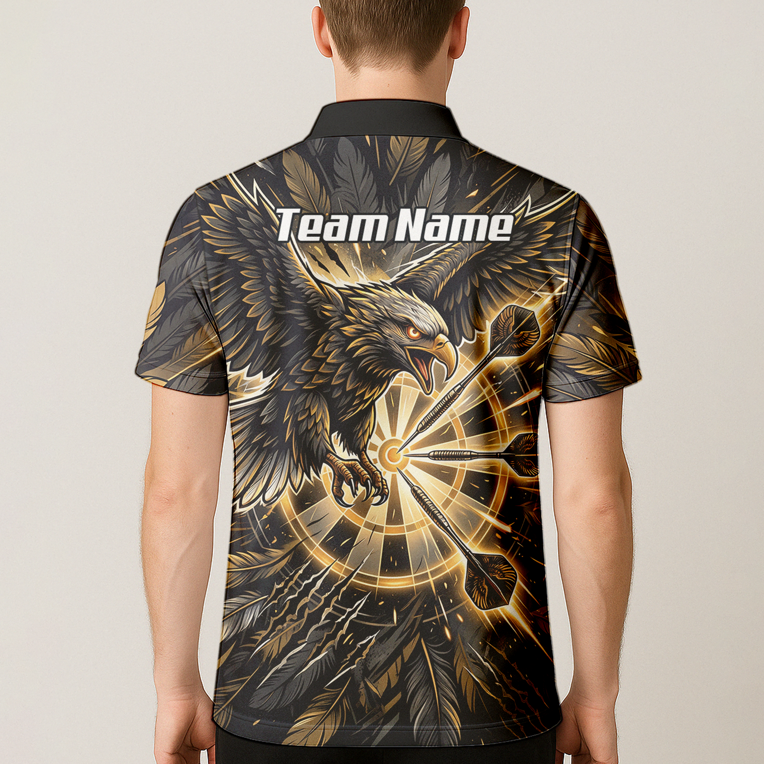 Personalised Men's Eagle Dart Jersey Custom Name & Team Darts Polo Shirt Black Gold P9080