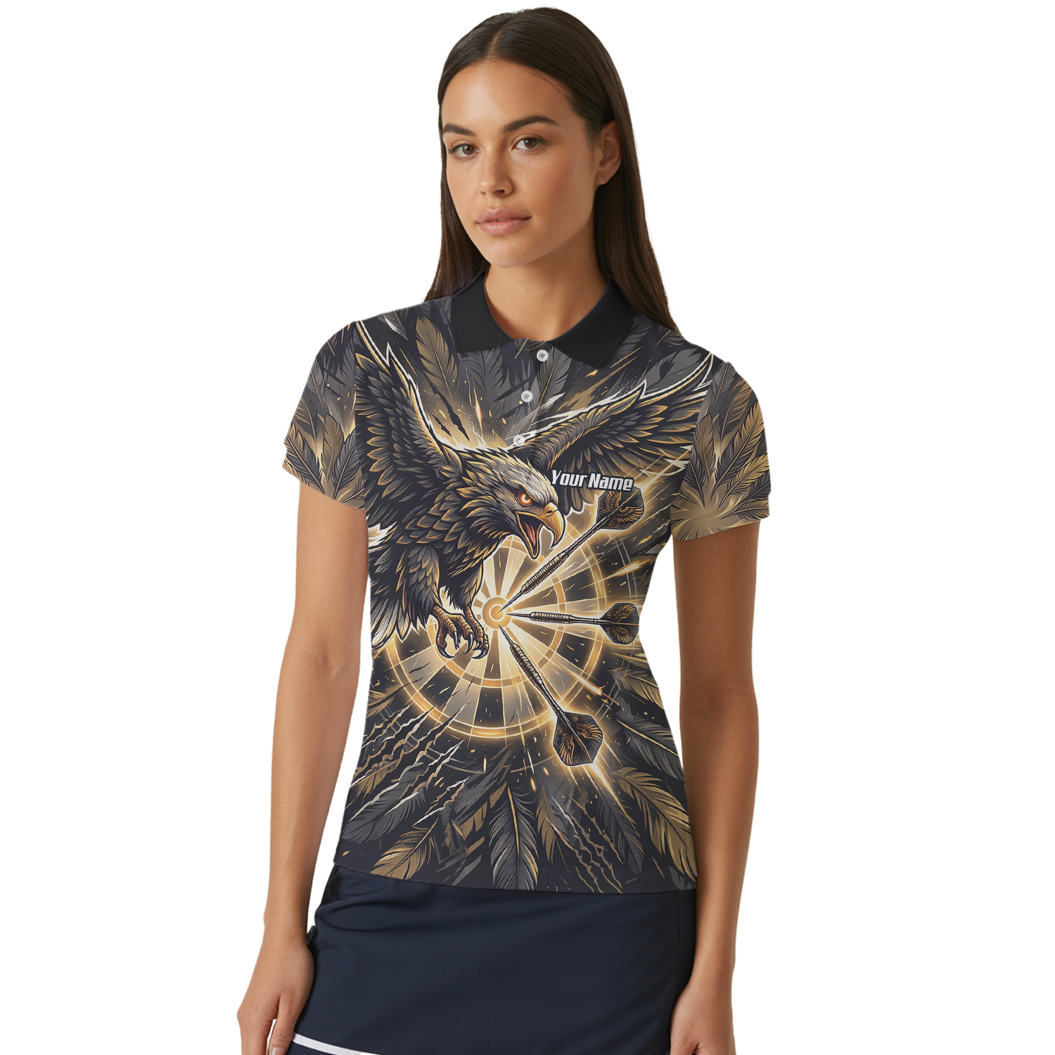 Personalised Women's Eagle Dart Jersey Custom Name & Team Darts Polo Shirt Black Gold P9080