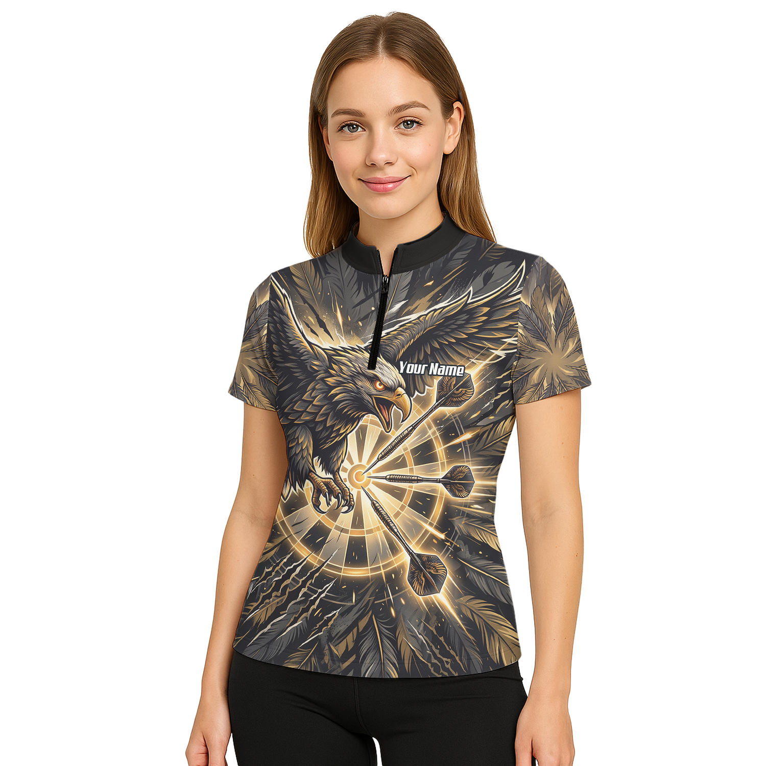 Personalised Women's Eagle Dart Jersey Custom Name & Team Darts Polo Shirt Black Gold P9080