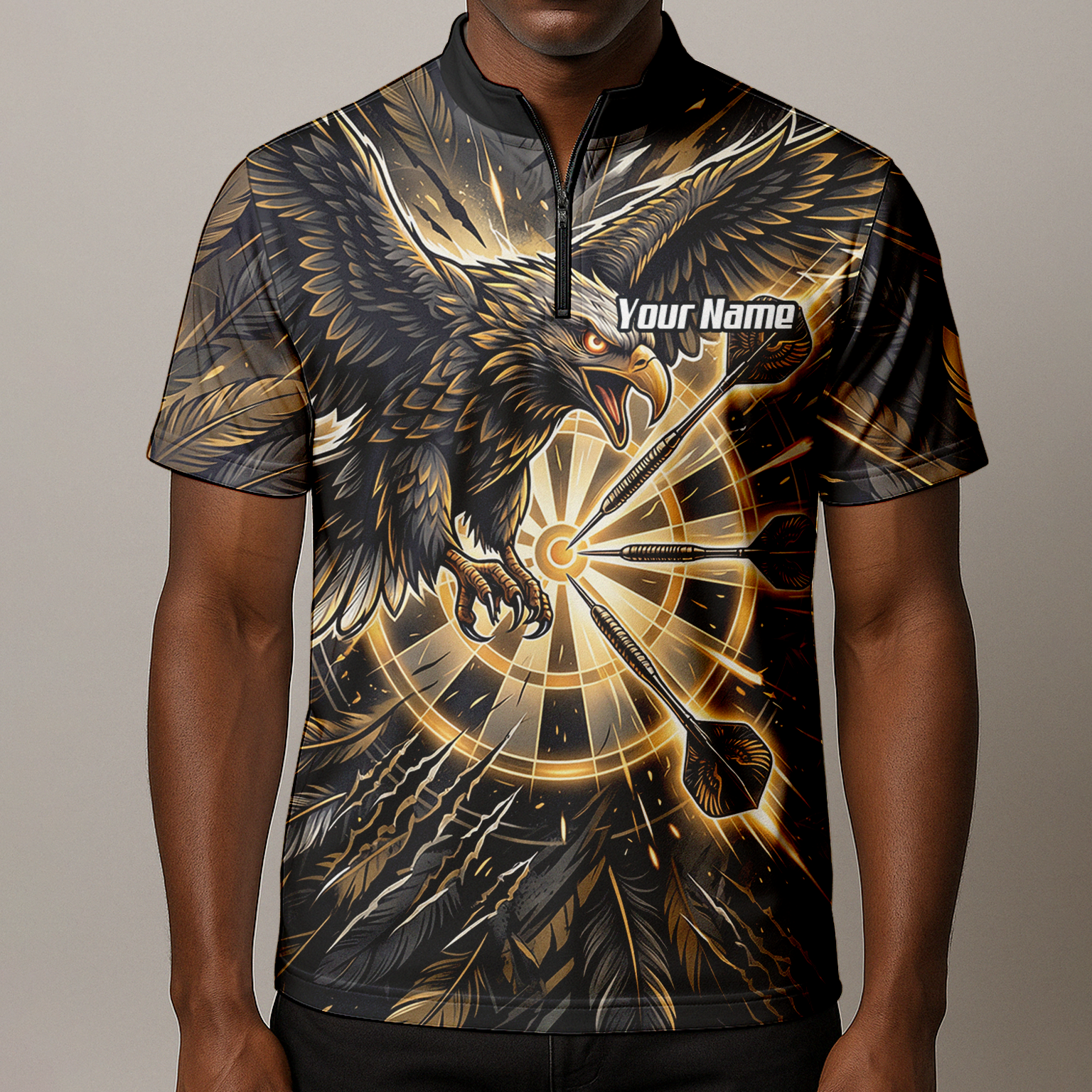 Personalised Men's Eagle Dart Jersey Custom Name & Team Darts Polo Shirt Black Gold P9080