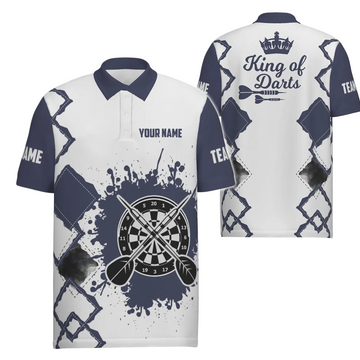 Custom Cool Darts-poloshirt voor heren in marineblauw en wit, King of Darts, op maat gemaakte Darts Jersey O983