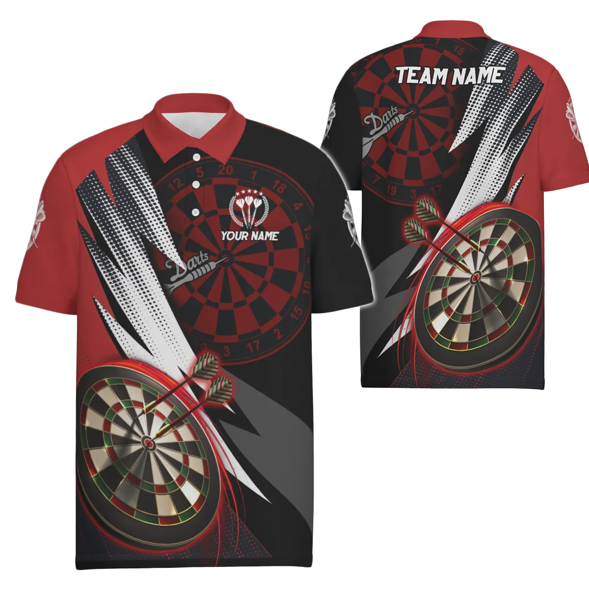 Rood en zwart heren dartpoloshirt - gepersonaliseerd cool dartsshirt voor heren - Team Jersey Z357