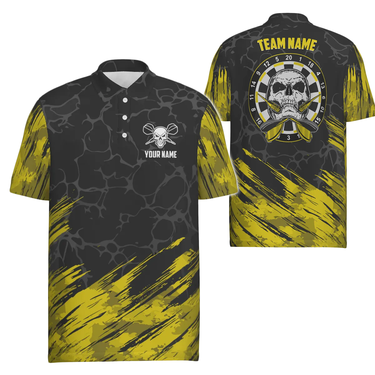 Men's Polo Shirt with All-Over Skull Darts Print, Yellow-Black, Men's Dart Jerseys F918