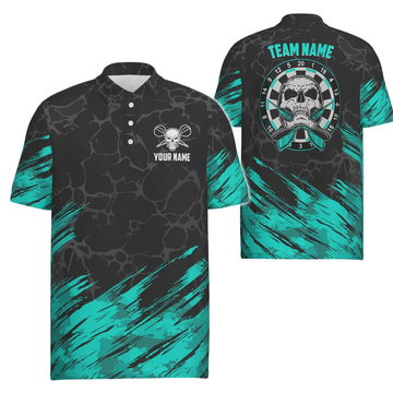 Men's Polo Shirt with Skull Design and Dart Motifs in Turquoise and Black, Dart Jersey for Men F916