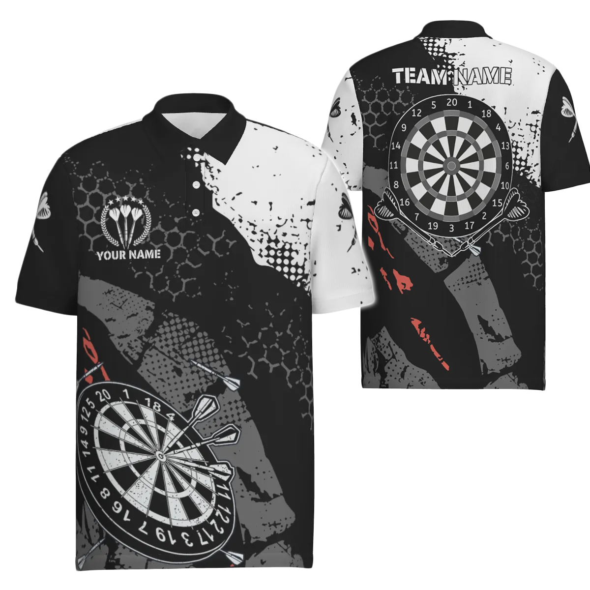 Retro Men's Darts Polo Shirt with Custom Black and White Pattern - Dart Team Jerseys for Men y5462