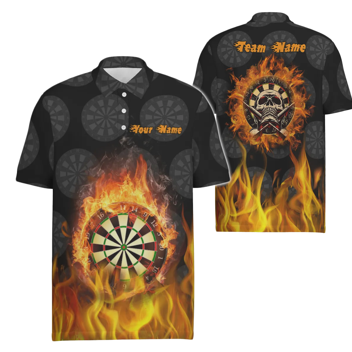 Herenpoloshirt met vuurschedelvlammen, griezelig dartshirt voor heren, coole darttruien R142