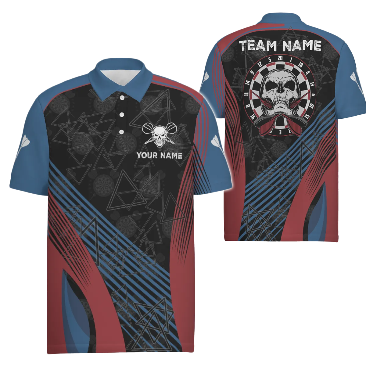 Men's Darts Polo Shirt in Blue and Red with Custom Skull Design - Cool Dart Shirt Z305