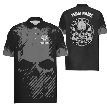 Heren dartpoloshirt in zwart-grijs met grunge-effect - Skull Dartsshirt voor heren - Dart Jersey R302