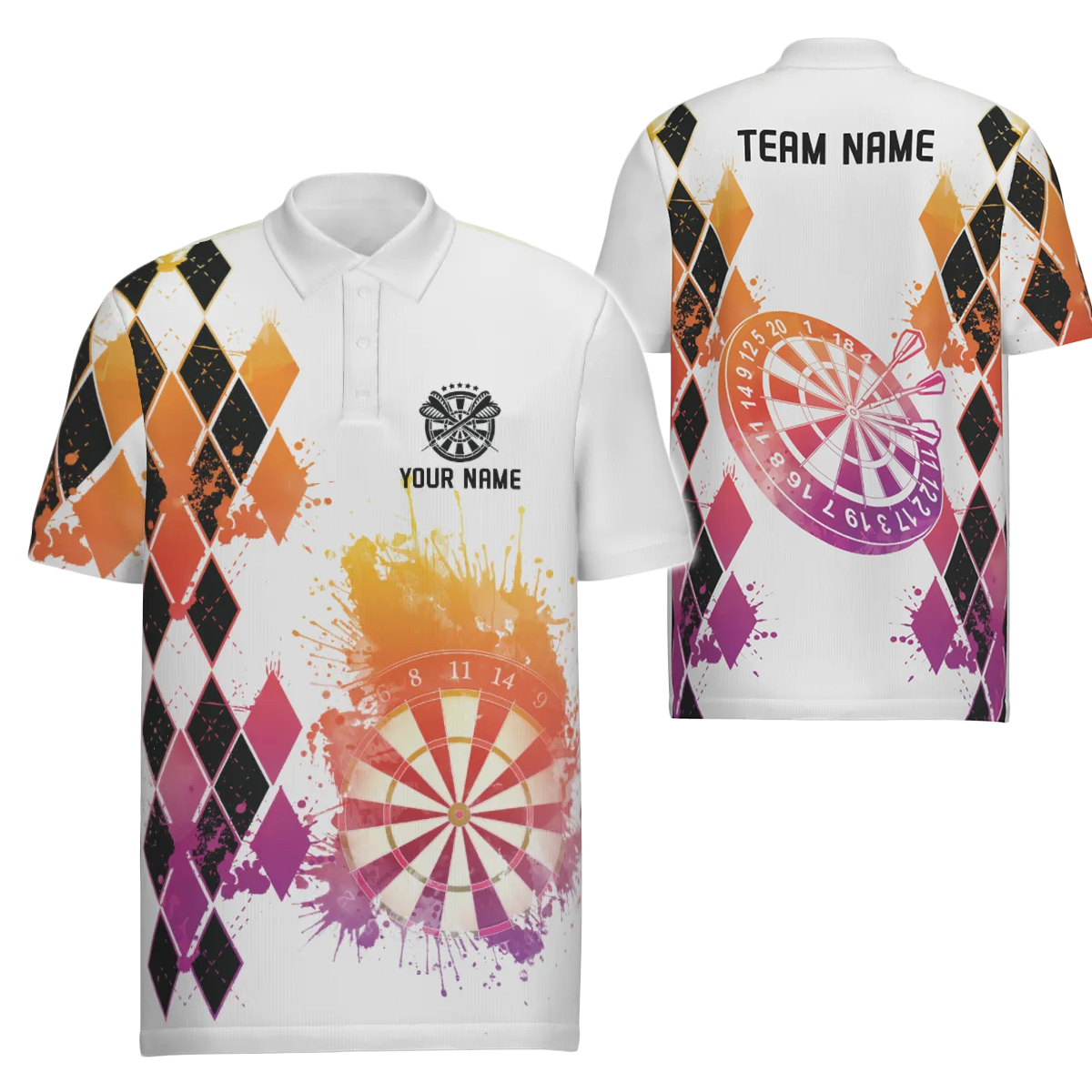 Men's Darts Polo Shirt with Vibrant Watercolor Argyle Pattern - A370