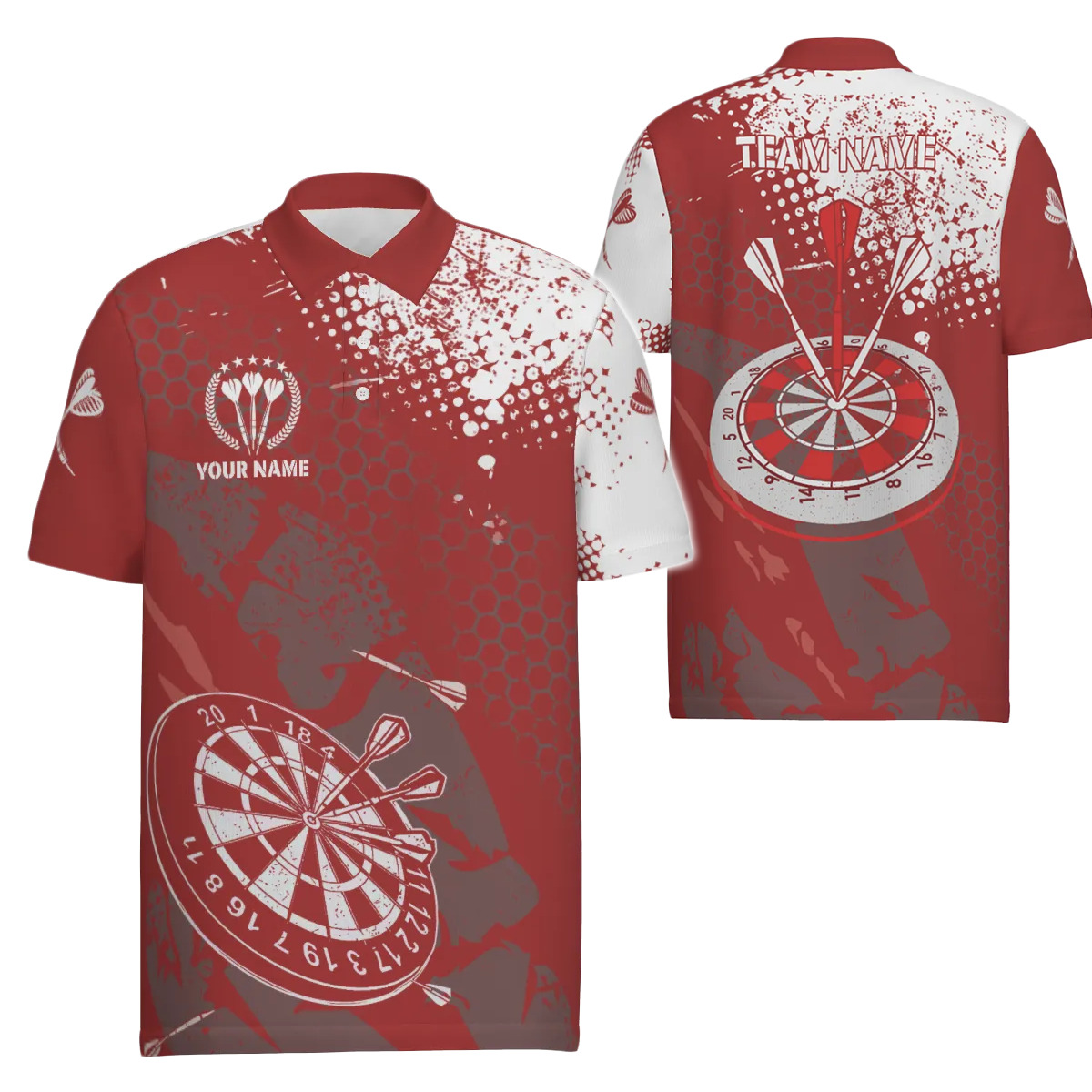 Op maat gemaakt Dart-poloshirt voor heren - Retro rood en wit patroon - Dartteam-shirts voor heren B987